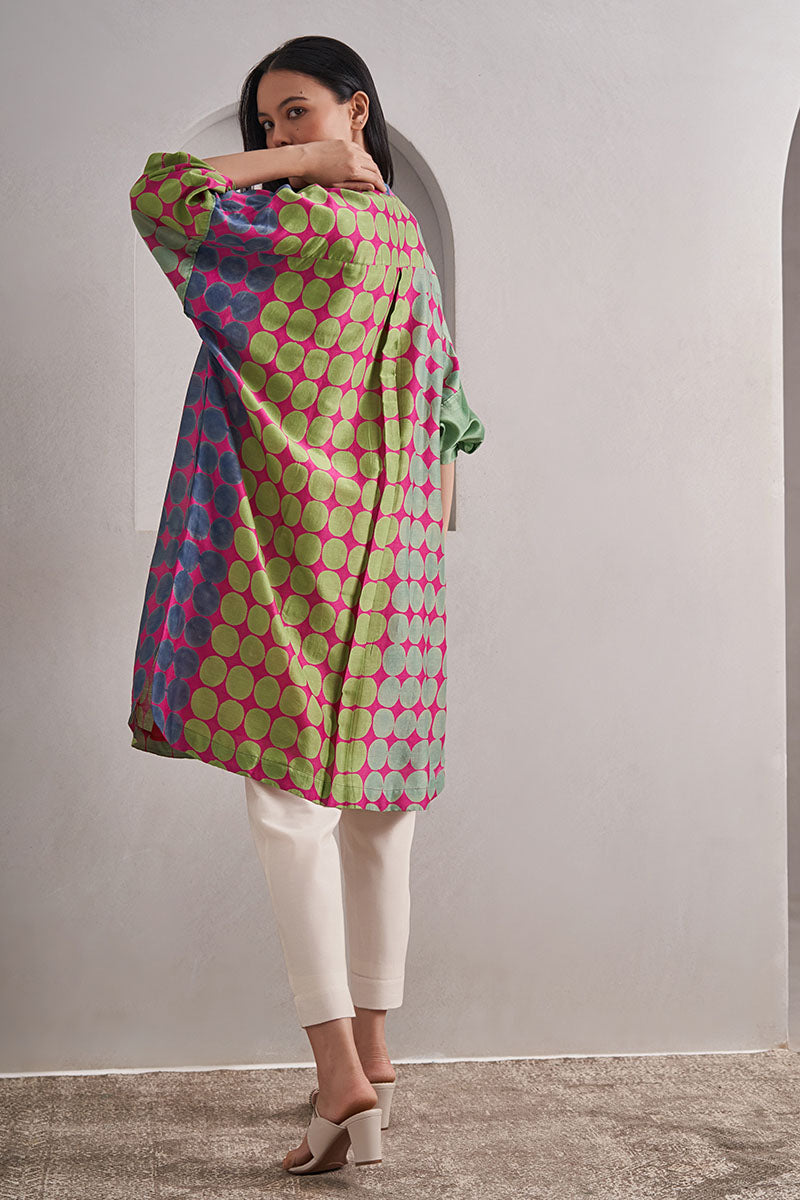 Amer One Size Chanderi Cotton-Silk Tunic Dress – Hand Block Printed with Contrast Sleeve & Slip