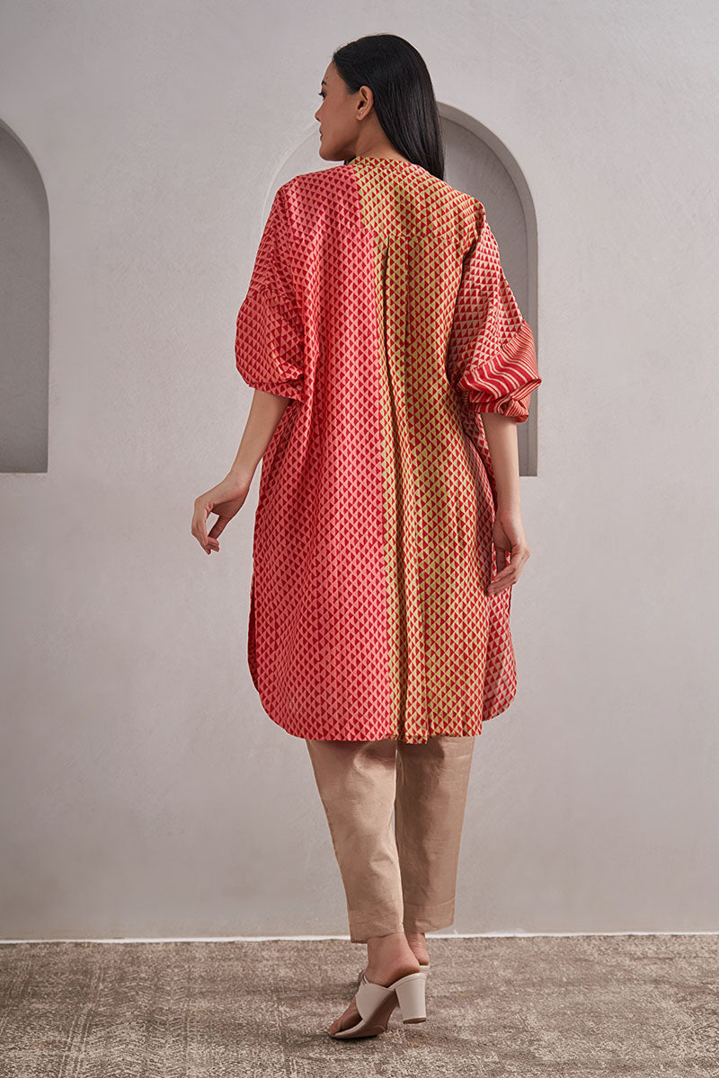 Ajmer One Size Chanderi Cotton-Silk Tunic Dress – Hand Block Printed with Contrast Sleeve & Slip