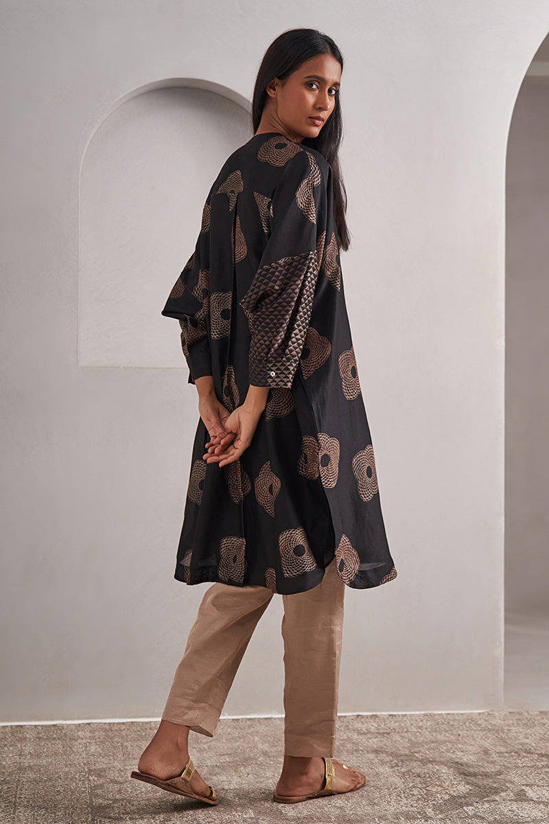 Trikona One Size Chanderi Cotton-Silk Tunic Dress – Hand Block Printed with Contrast Sleeve & Slip