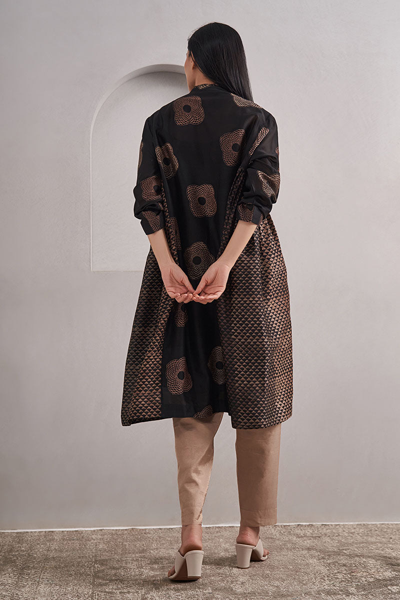 Trikona One Size Chanderi Cotton-Silk Tunic Dress – Hand Block Printed with Contrast Panels & Slip