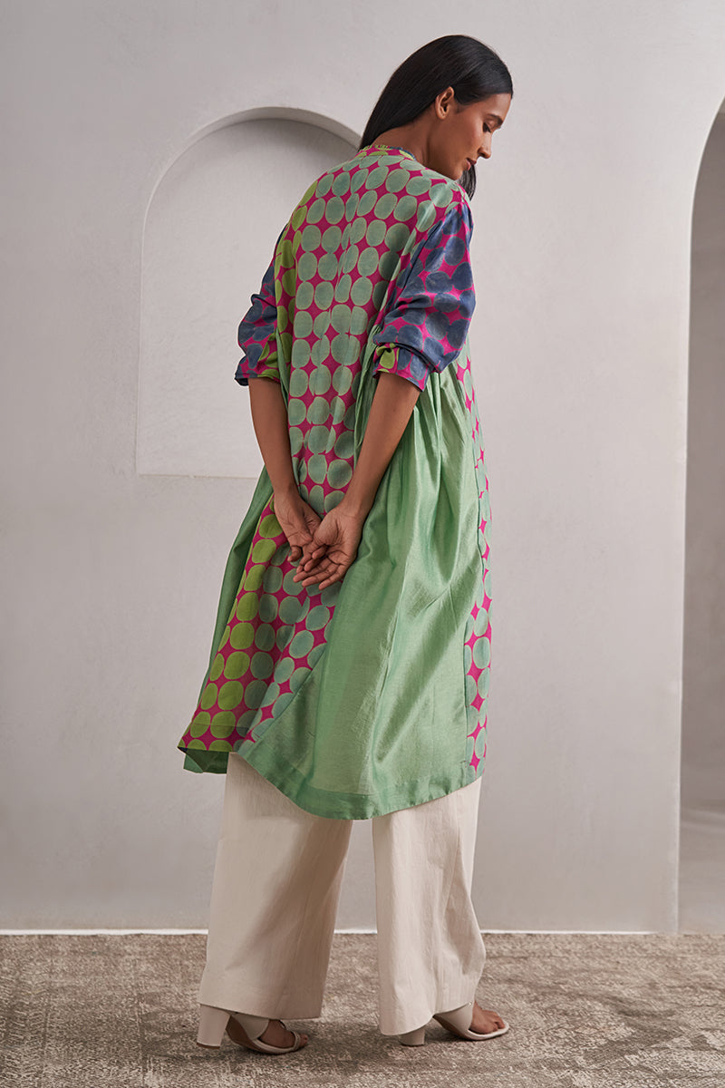 Amer One Size Chanderi Cotton-Silk Tunic Dress – Hand Block Printed with Contrast Panels & Slip
