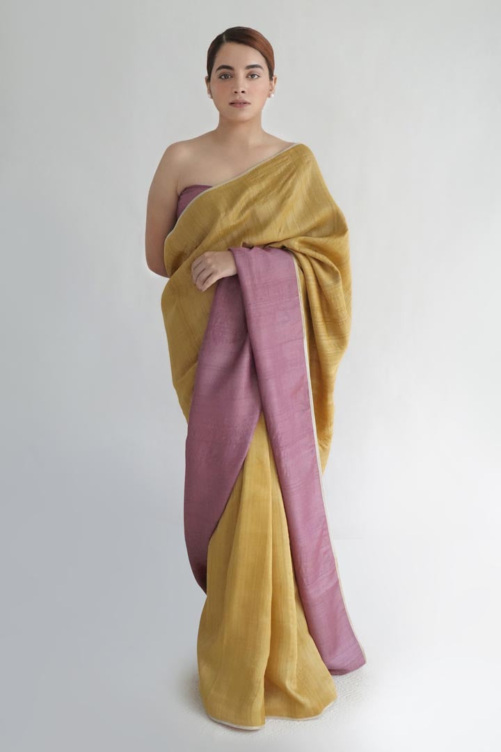 Yellow Pink Natural Dyes Handloom Tussar Signature Flip Pallu Saree