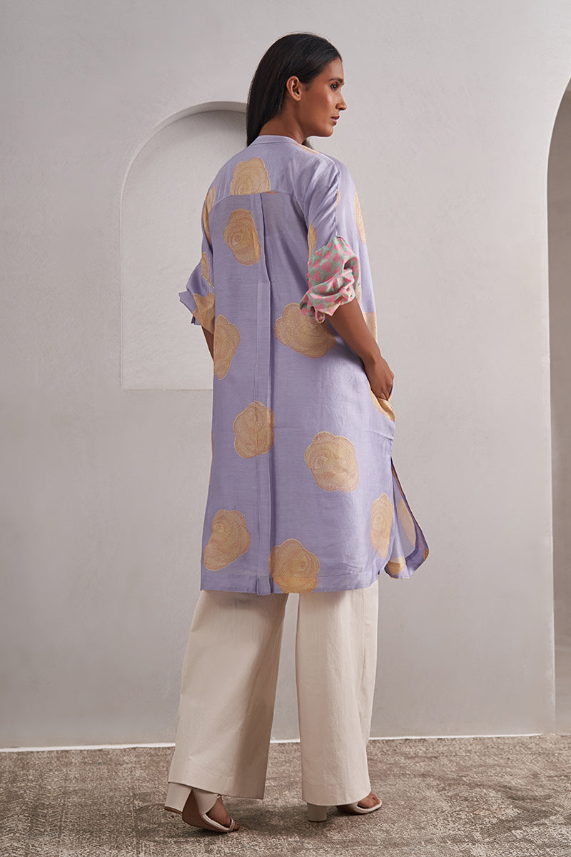 Gulaab One Size Chanderi Cotton-Silk Kurta – Hand Block Printed with Contrast Sleeve & Slip