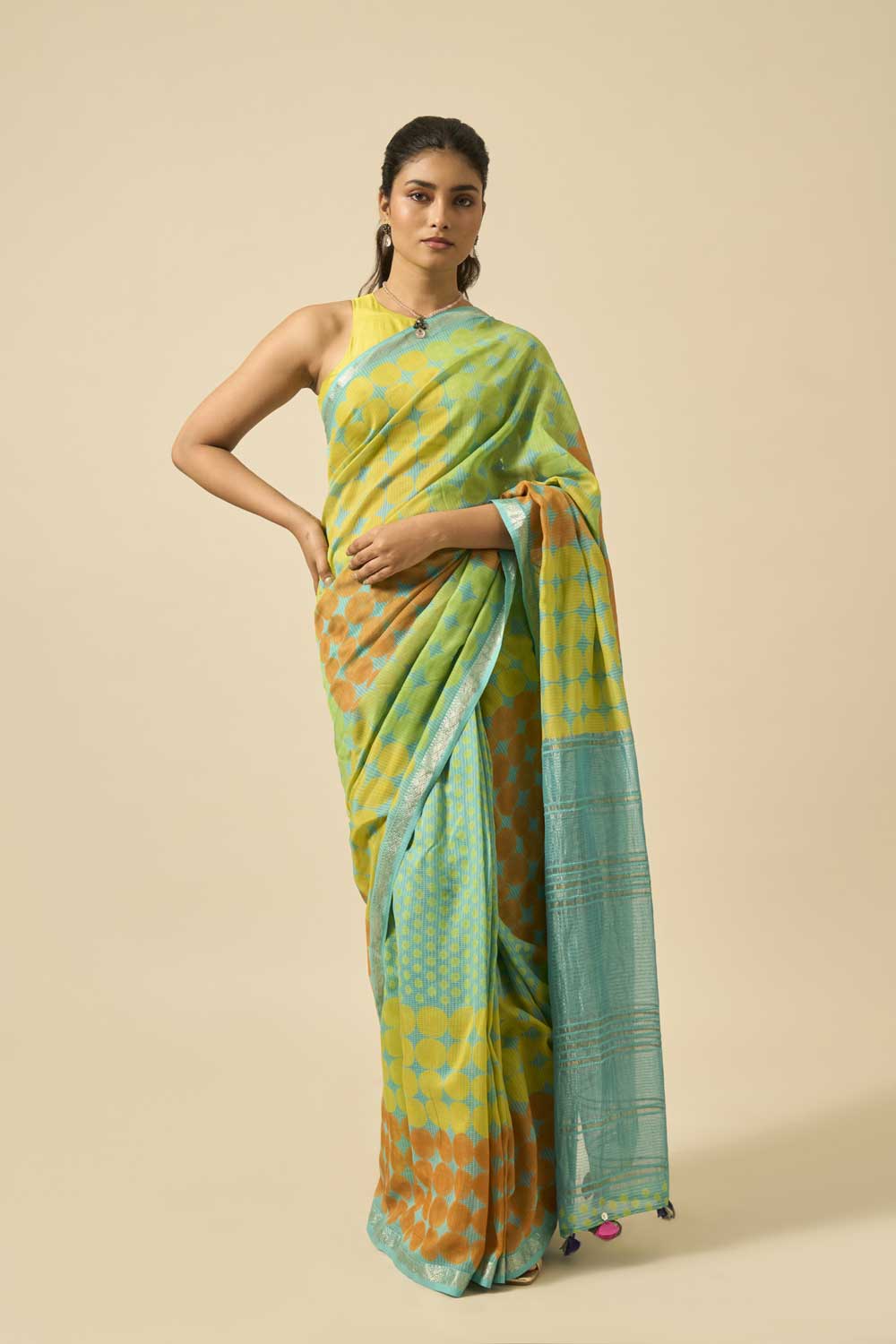 Brinda teal Maheshwari Silk Hand Block Printed Saree