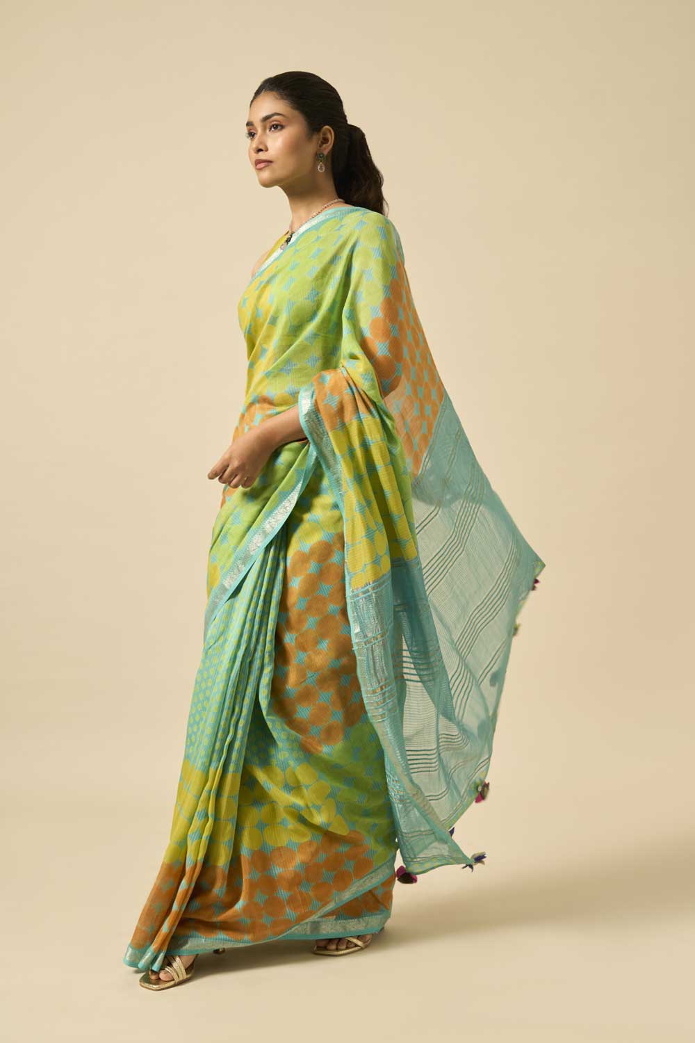 Brinda teal Maheshwari Silk Hand Block Printed Saree