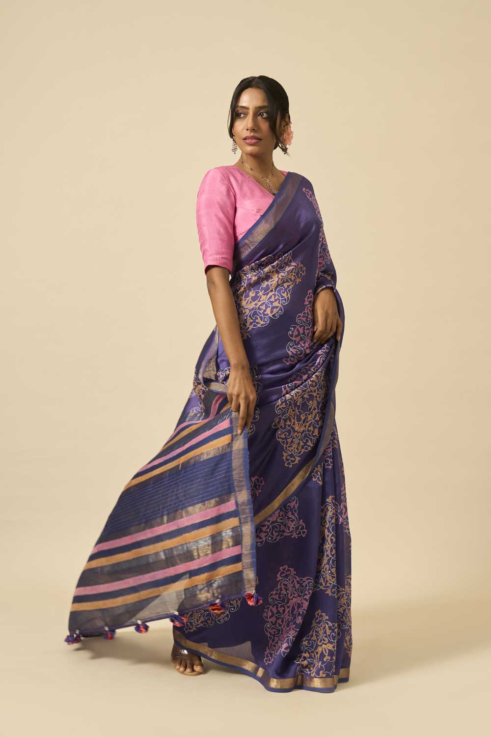 Sindhu Blue Handloom Maheshwari Silk Hand Block Printed Saree