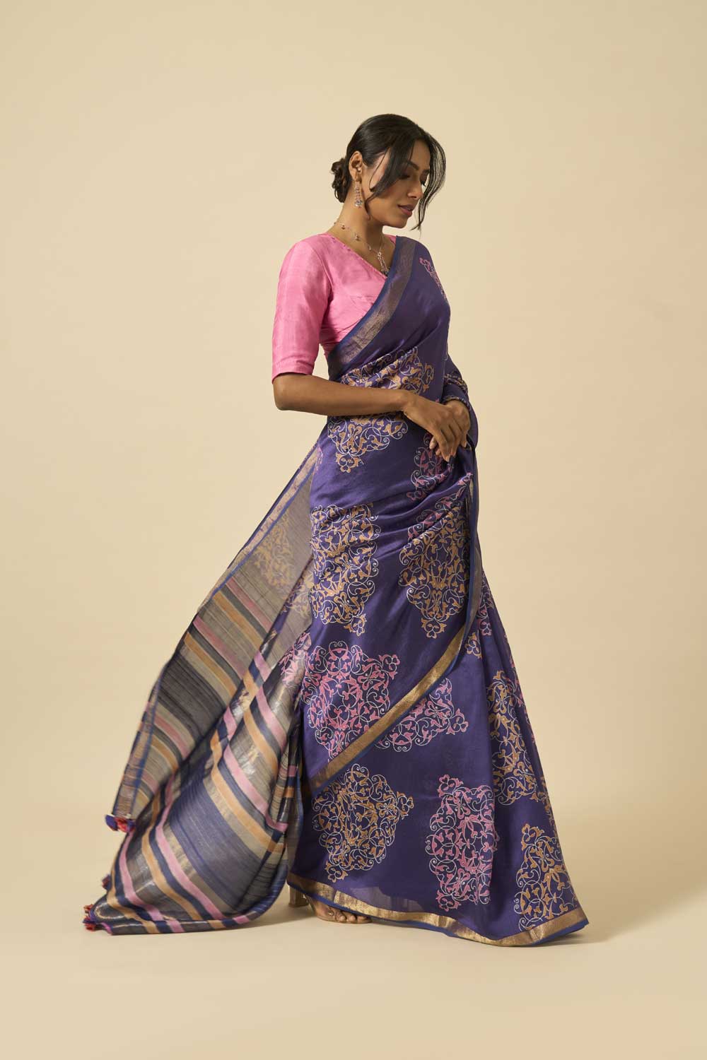 Sindhu Blue Handloom Maheshwari Silk Hand Block Printed Saree