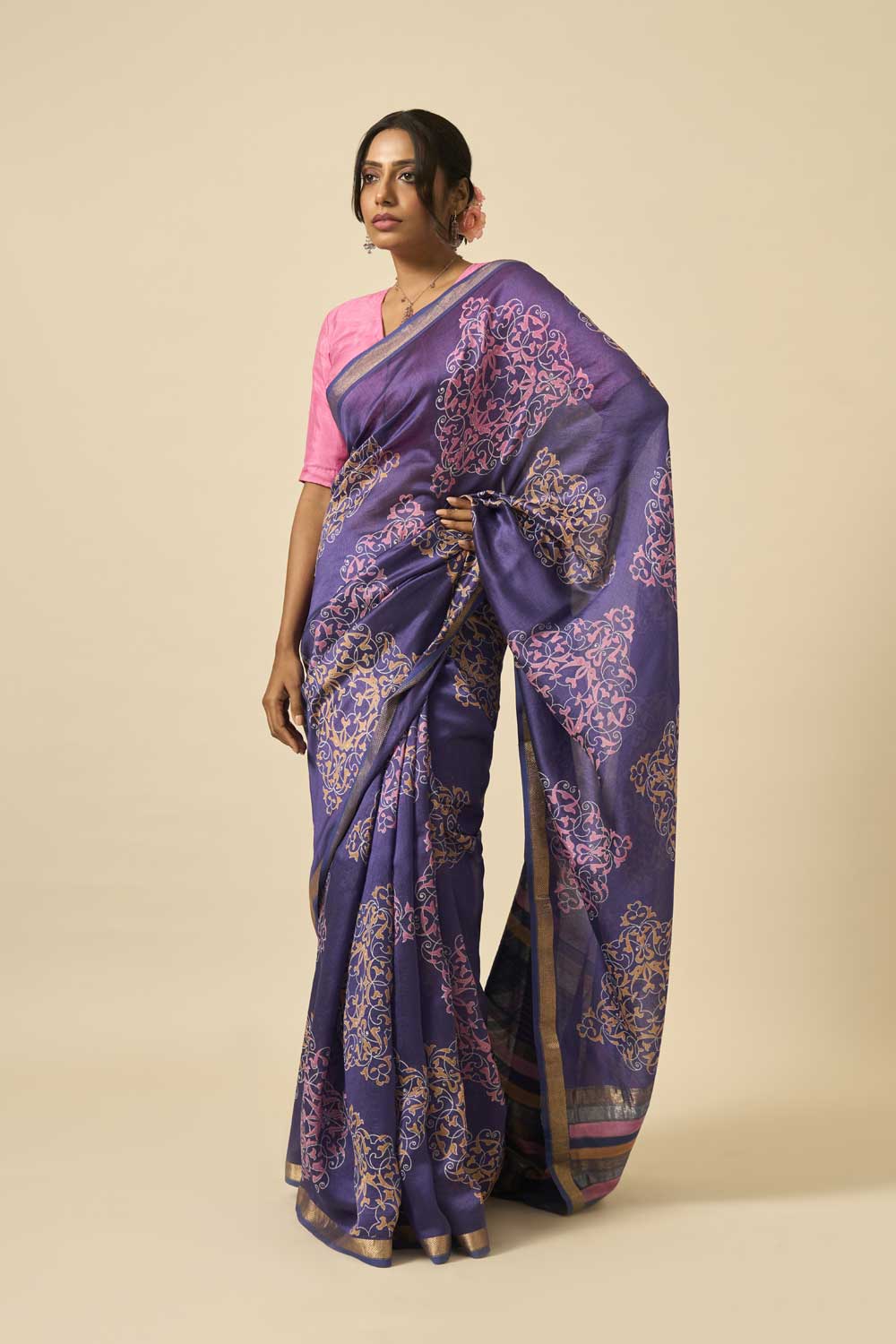 Sindhu Blue Handloom Maheshwari Silk Hand Block Printed Saree