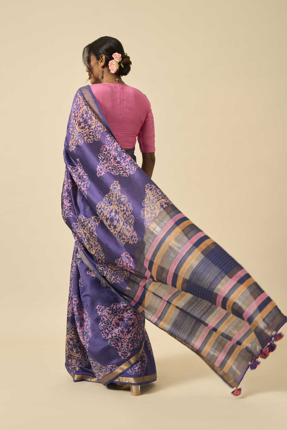Sindhu Blue Handloom Maheshwari Silk Hand Block Printed Saree