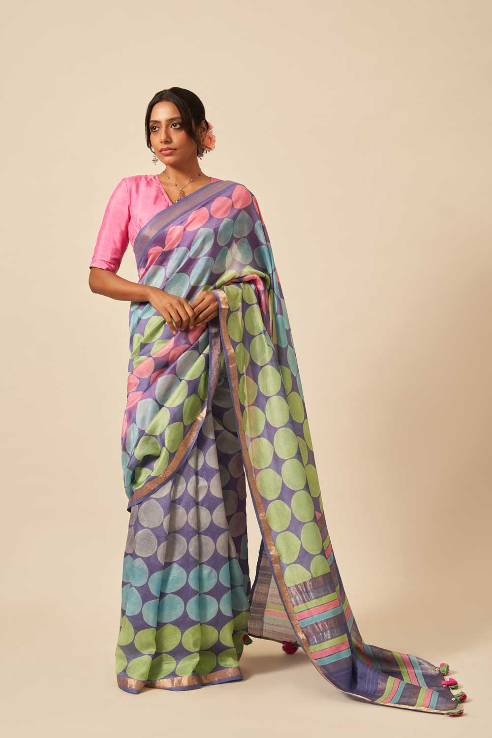 Luni Blue Maheshwari Silk Hand Block Printed Saree