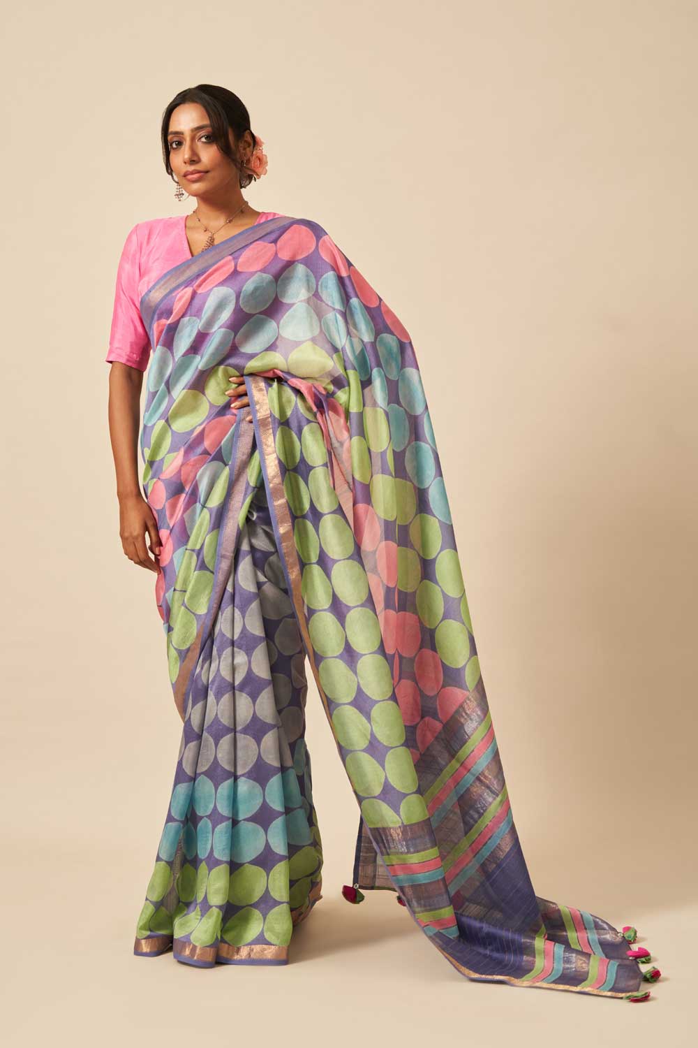 Luni Blue Maheshwari Silk Hand Block Printed Saree