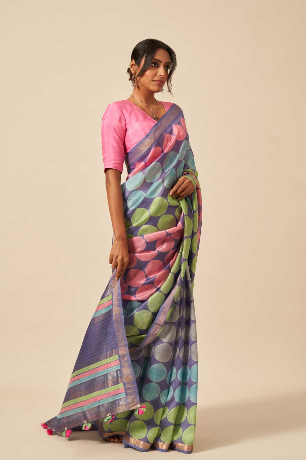 Luni Blue Maheshwari Silk Hand Block Printed Saree