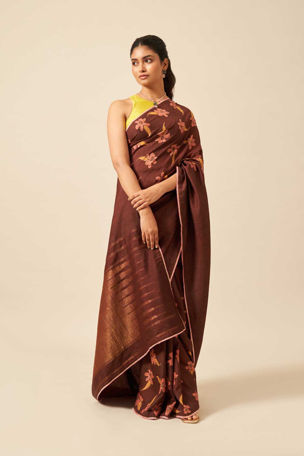 Parijat Brown Kanchi Silk Hand Blockprinted Saree