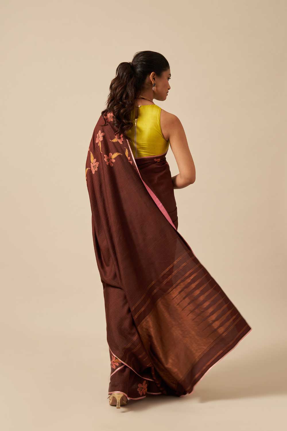 Parijat Brown Kanchi Silk Hand Blockprinted Saree