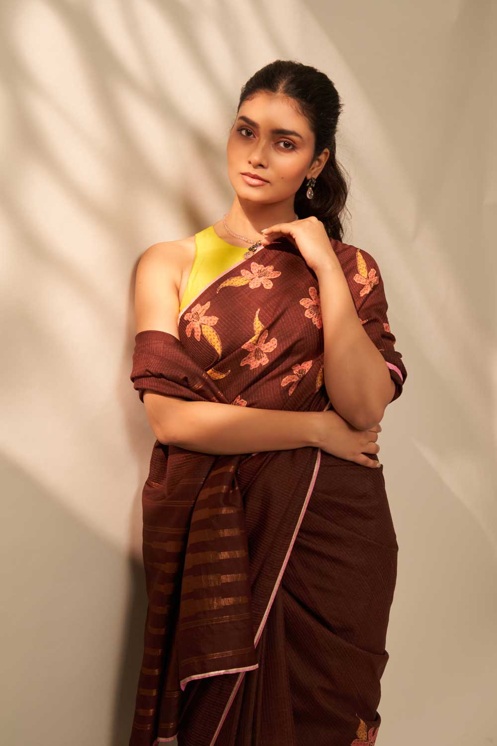 Parijat Brown Kanchi Silk Hand Blockprinted Saree