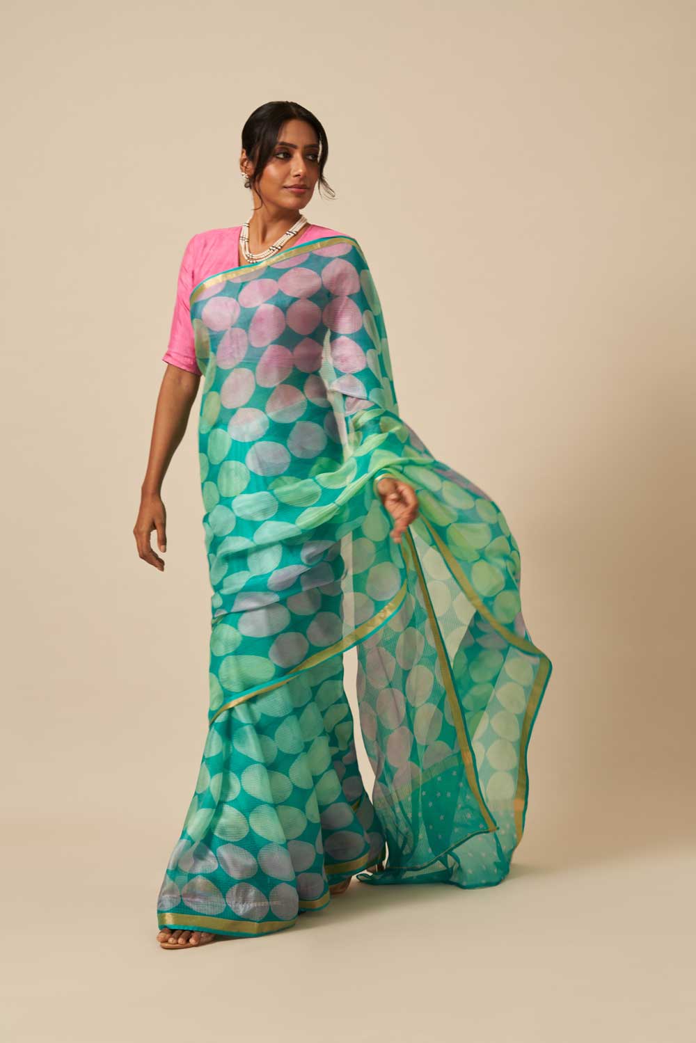 paan Green kota silk hand block printed saree