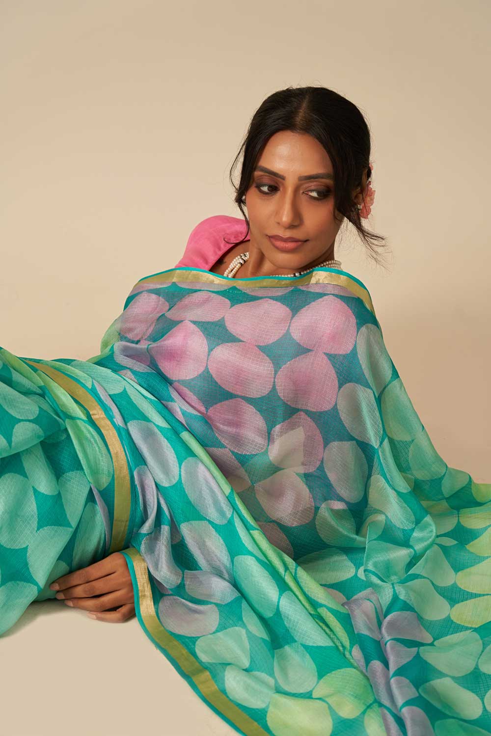 paan Green kota silk hand block printed saree