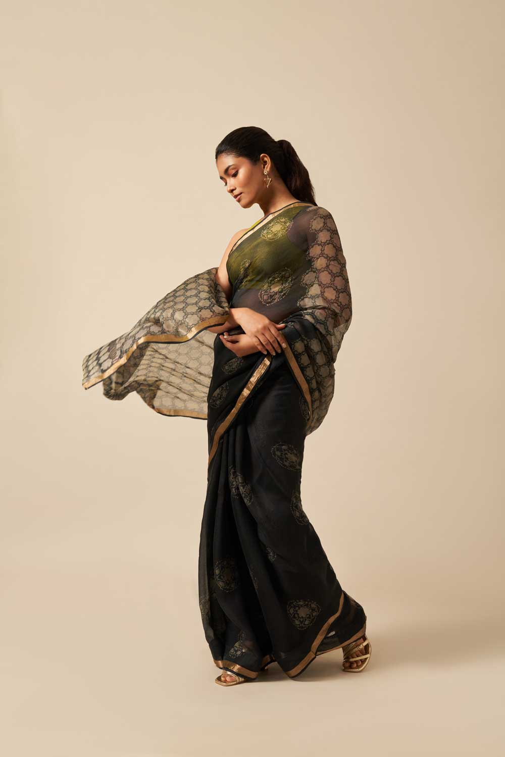 Jaipur black kota silk hand block printed saree