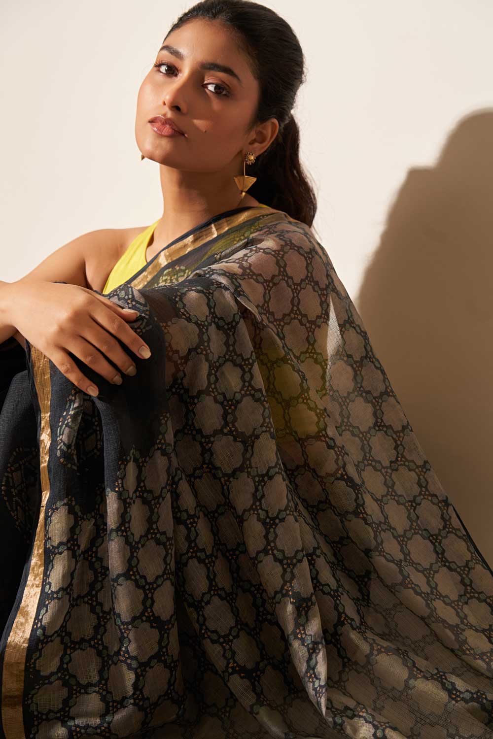 Jaipur black kota silk hand block printed saree