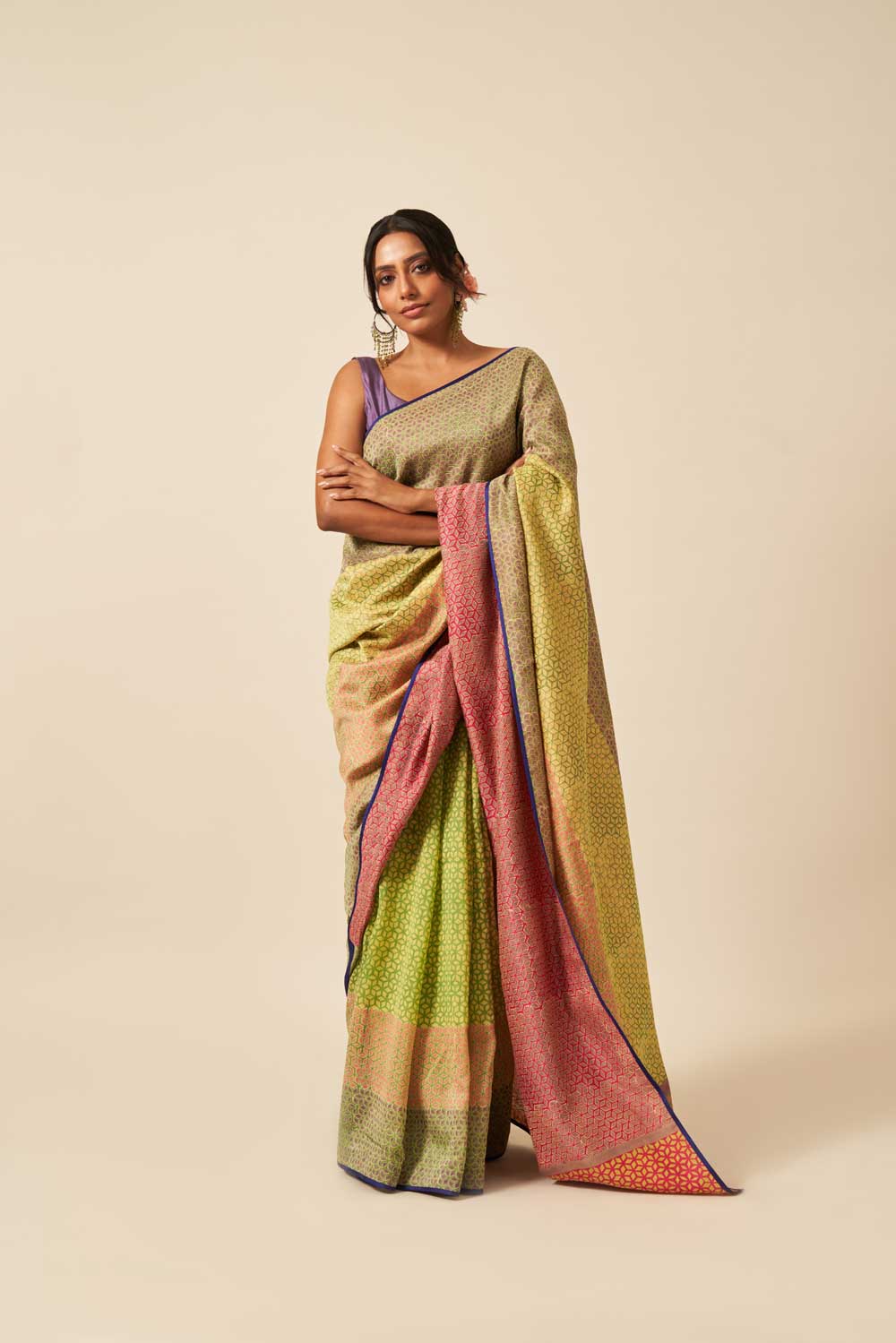 chenab green pink Maheshwari Hand Blockprinted Flip Pallu saree