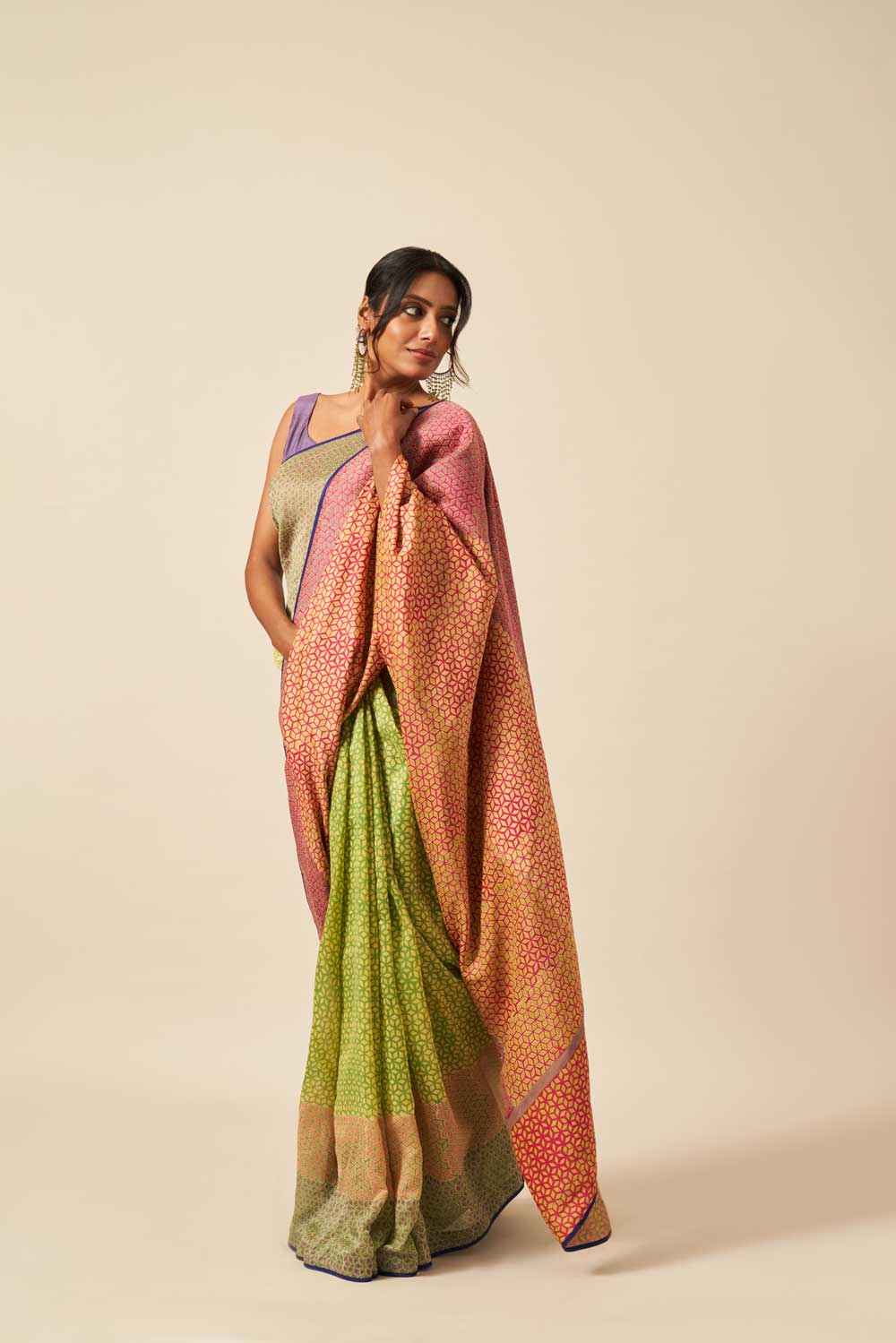 chenab green pink Maheshwari Hand Blockprinted Flip Pallu saree