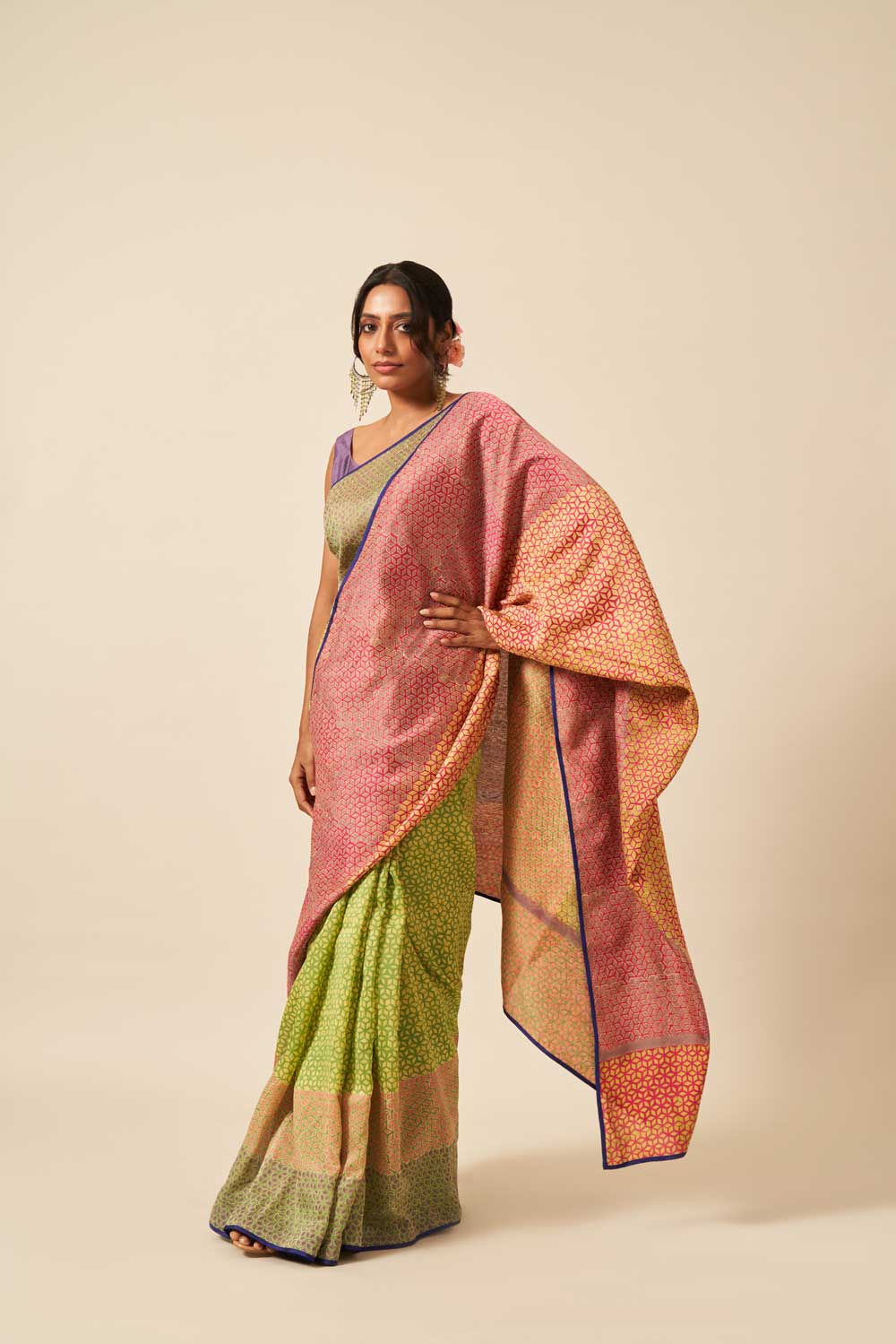 chenab green pink Maheshwari Hand Blockprinted Flip Pallu saree