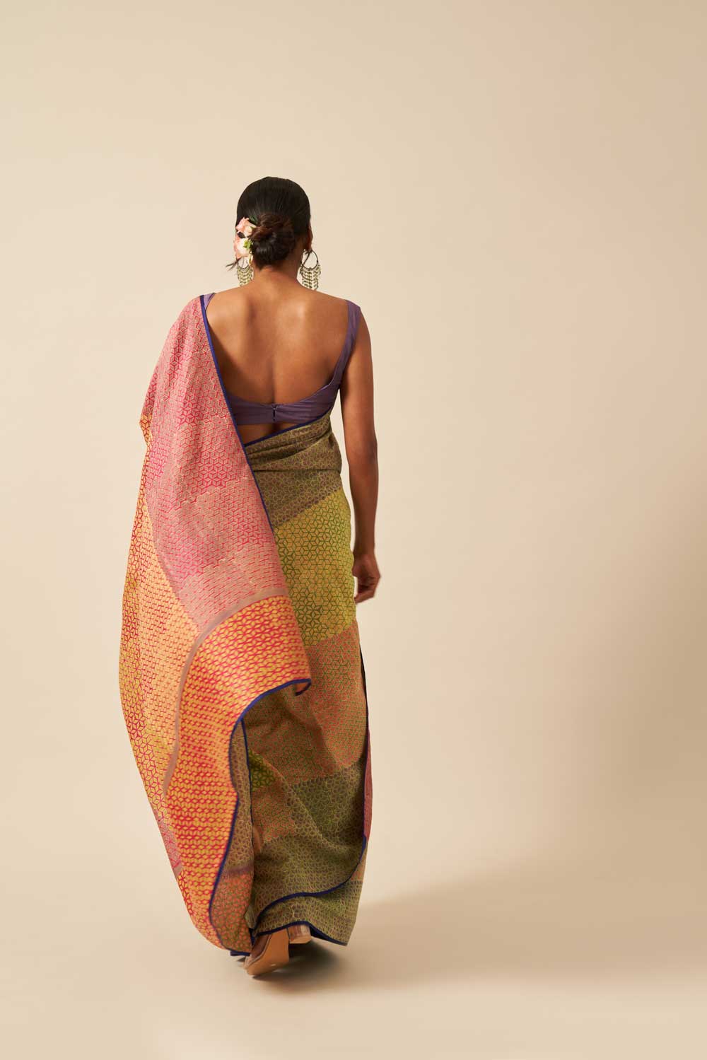 chenab green pink Maheshwari Hand Blockprinted Flip Pallu saree