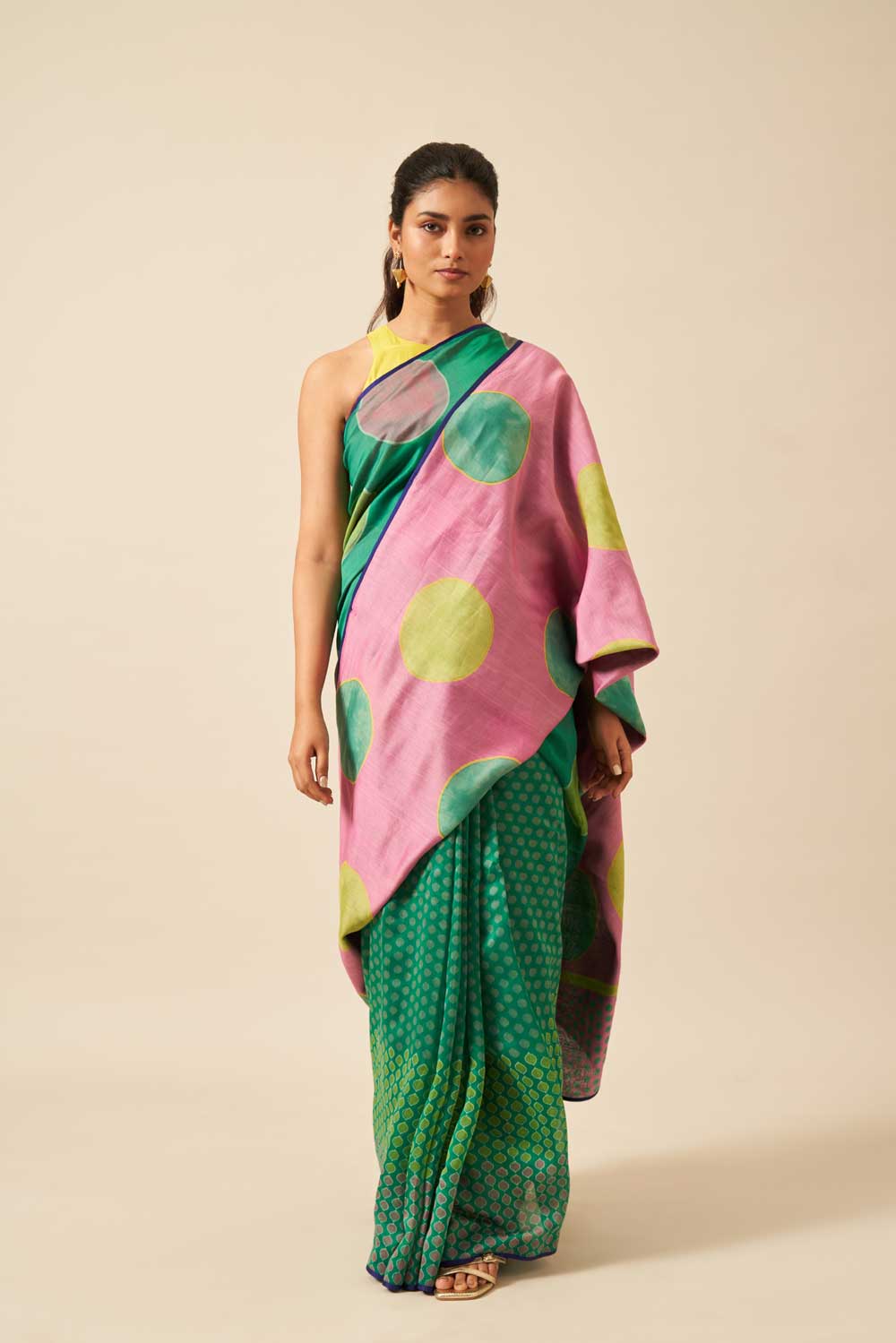 Gomti green pink Maheshwari Hand Blockprinted Flip Pallu saree