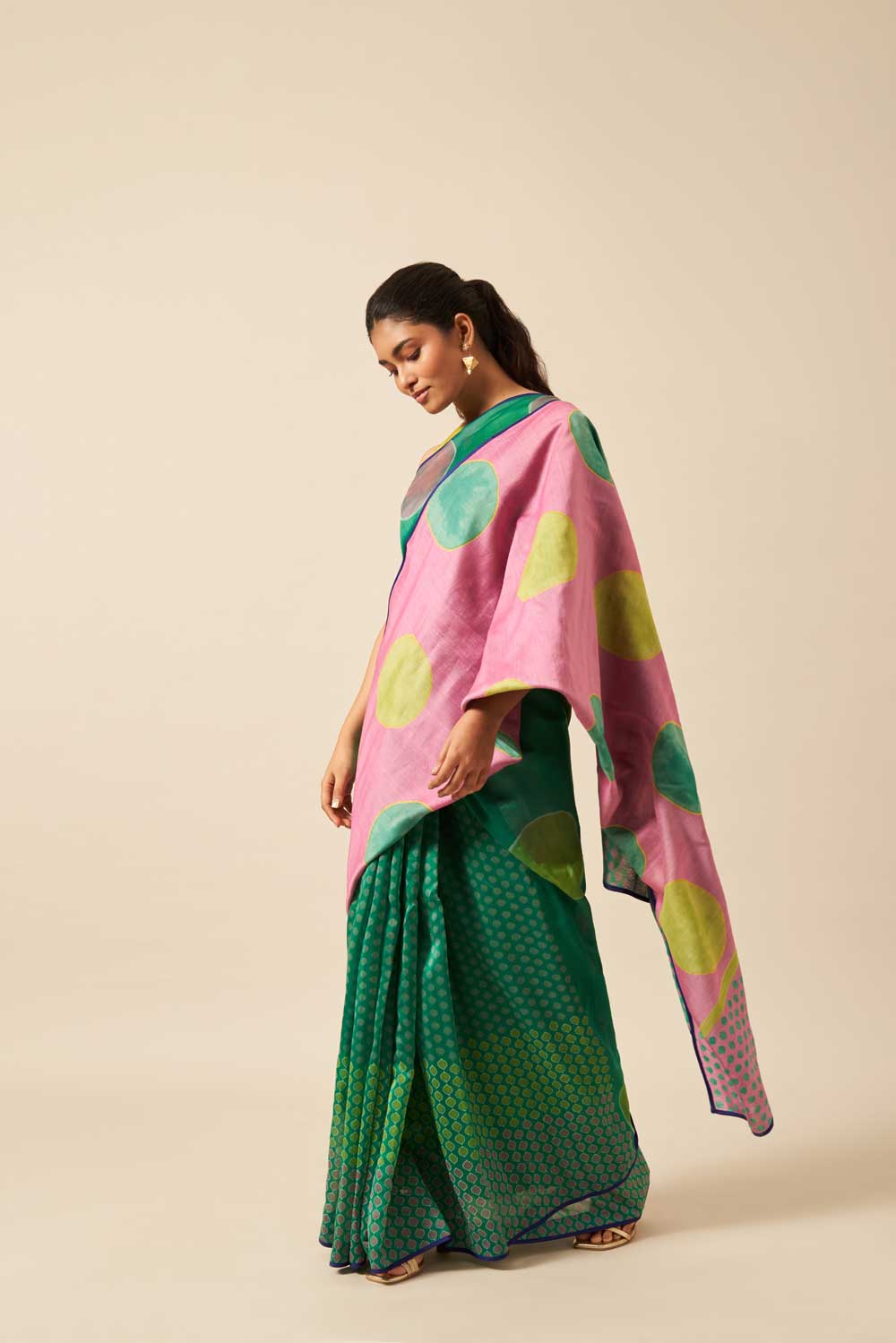 Gomti green pink Maheshwari Hand Blockprinted Flip Pallu saree