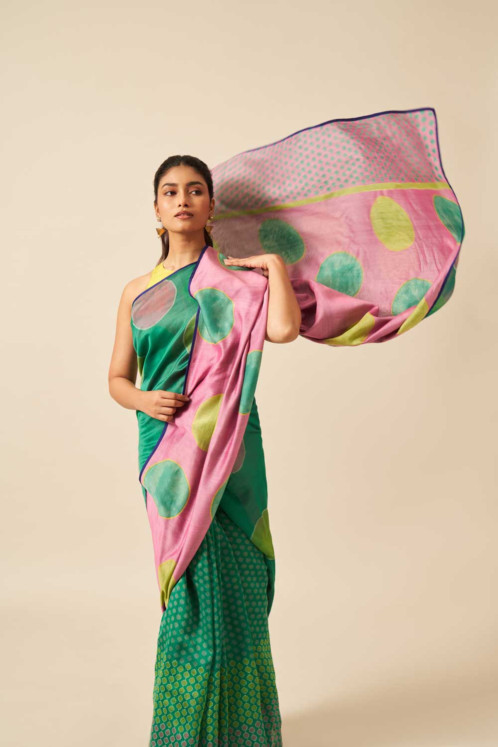 Gomti green pink Maheshwari Hand Blockprinted Flip Pallu saree