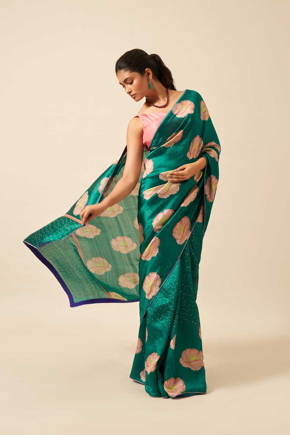 SAANJH GREEN ROSE MUSHROO SILK HAND BLOCKPRINTED SAREE