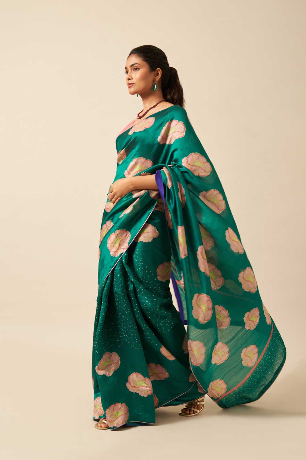 SAANJH GREEN ROSE MUSHROO SILK HAND BLOCKPRINTED SAREE