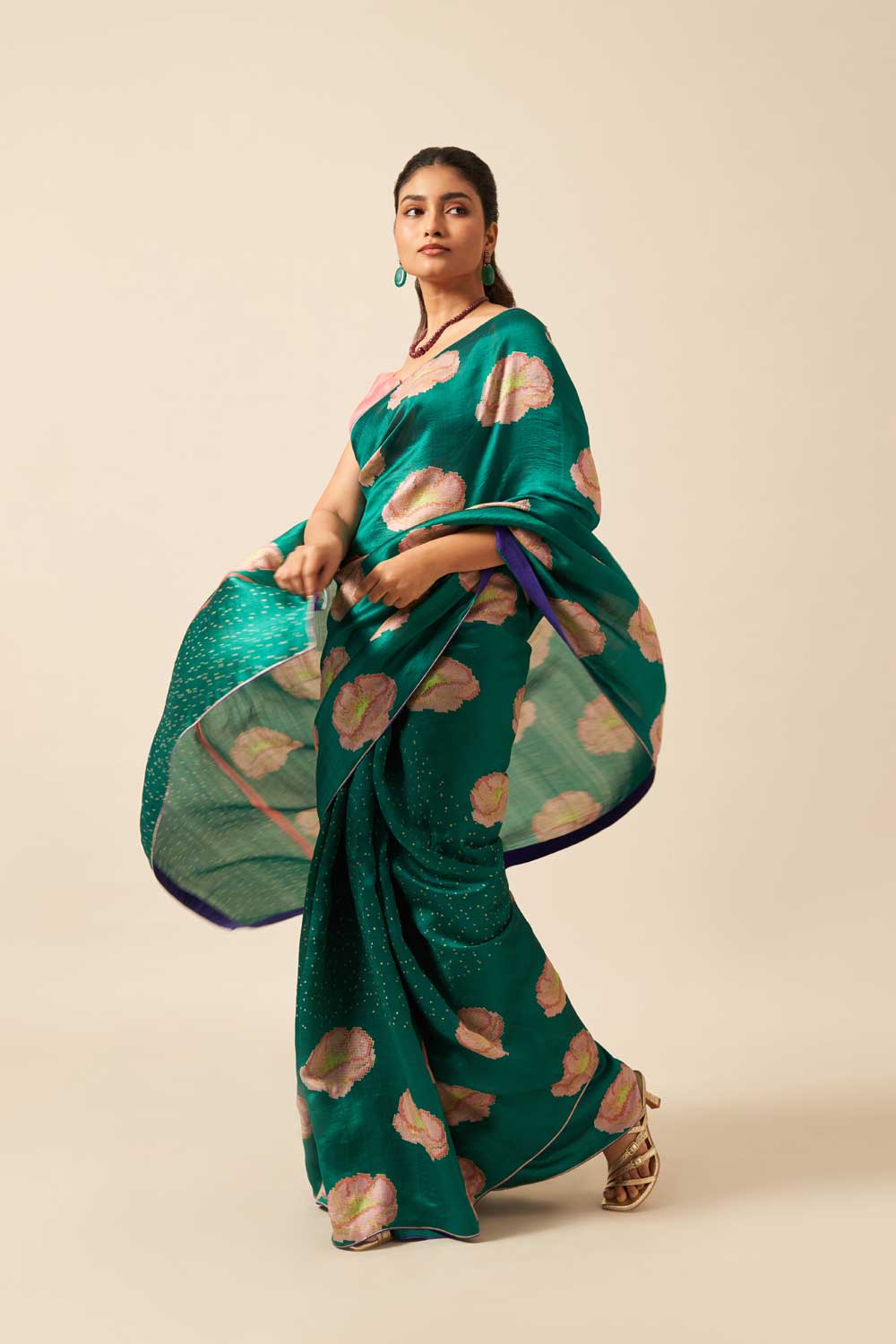 SAANJH GREEN ROSE MUSHROO SILK HAND BLOCKPRINTED SAREE