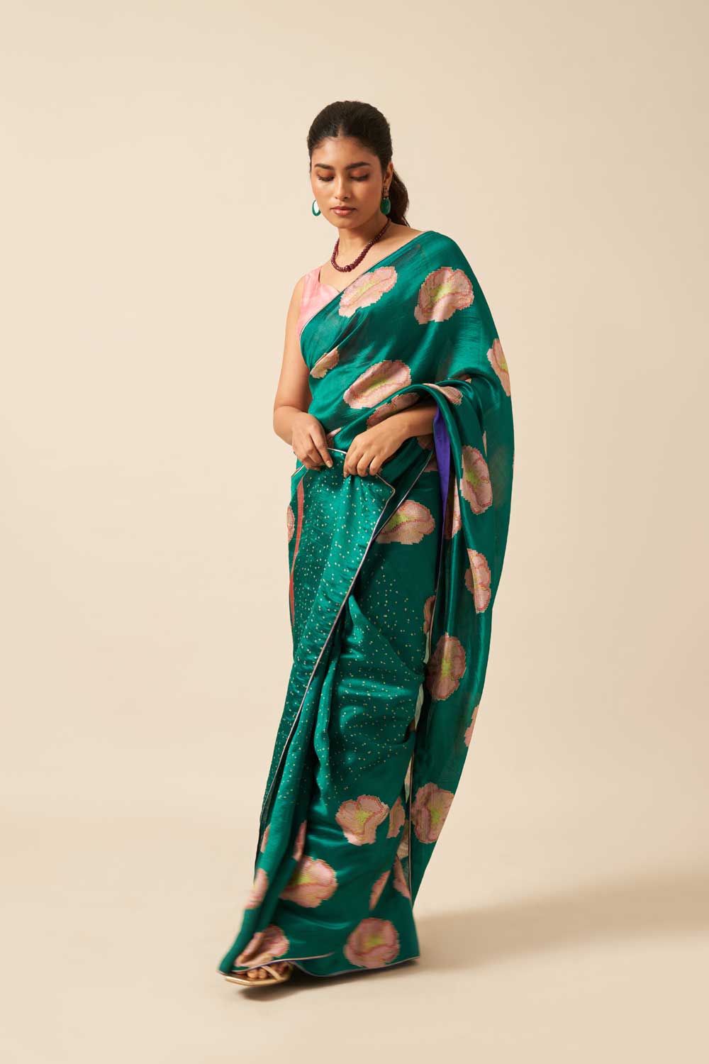 SAANJH GREEN ROSE MUSHROO SILK HAND BLOCKPRINTED SAREE