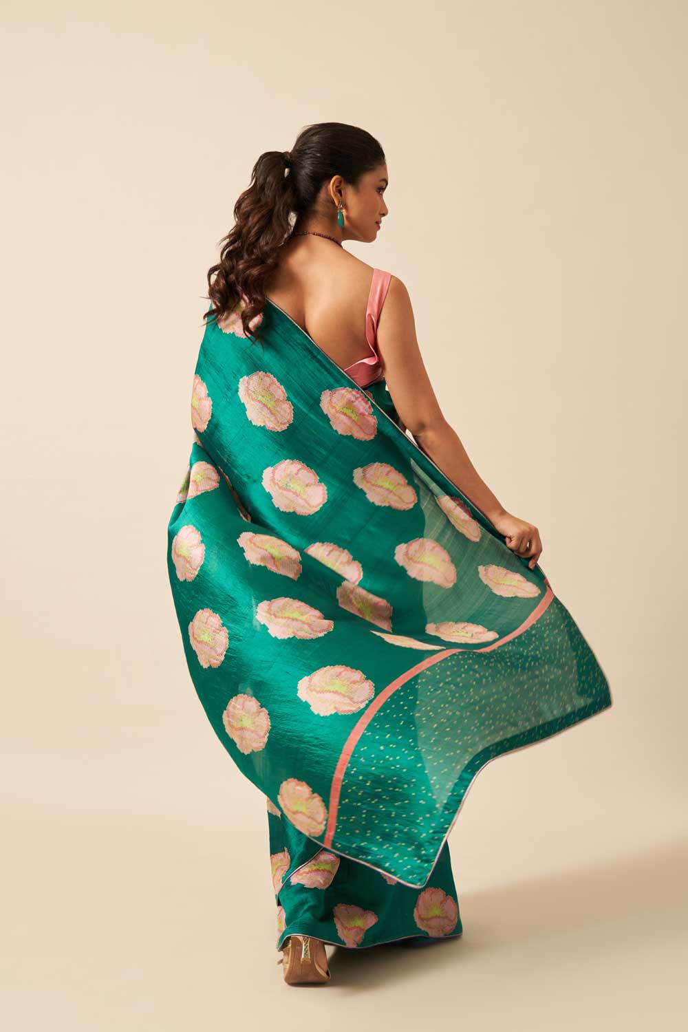 SAANJH GREEN ROSE MUSHROO SILK HAND BLOCKPRINTED SAREE