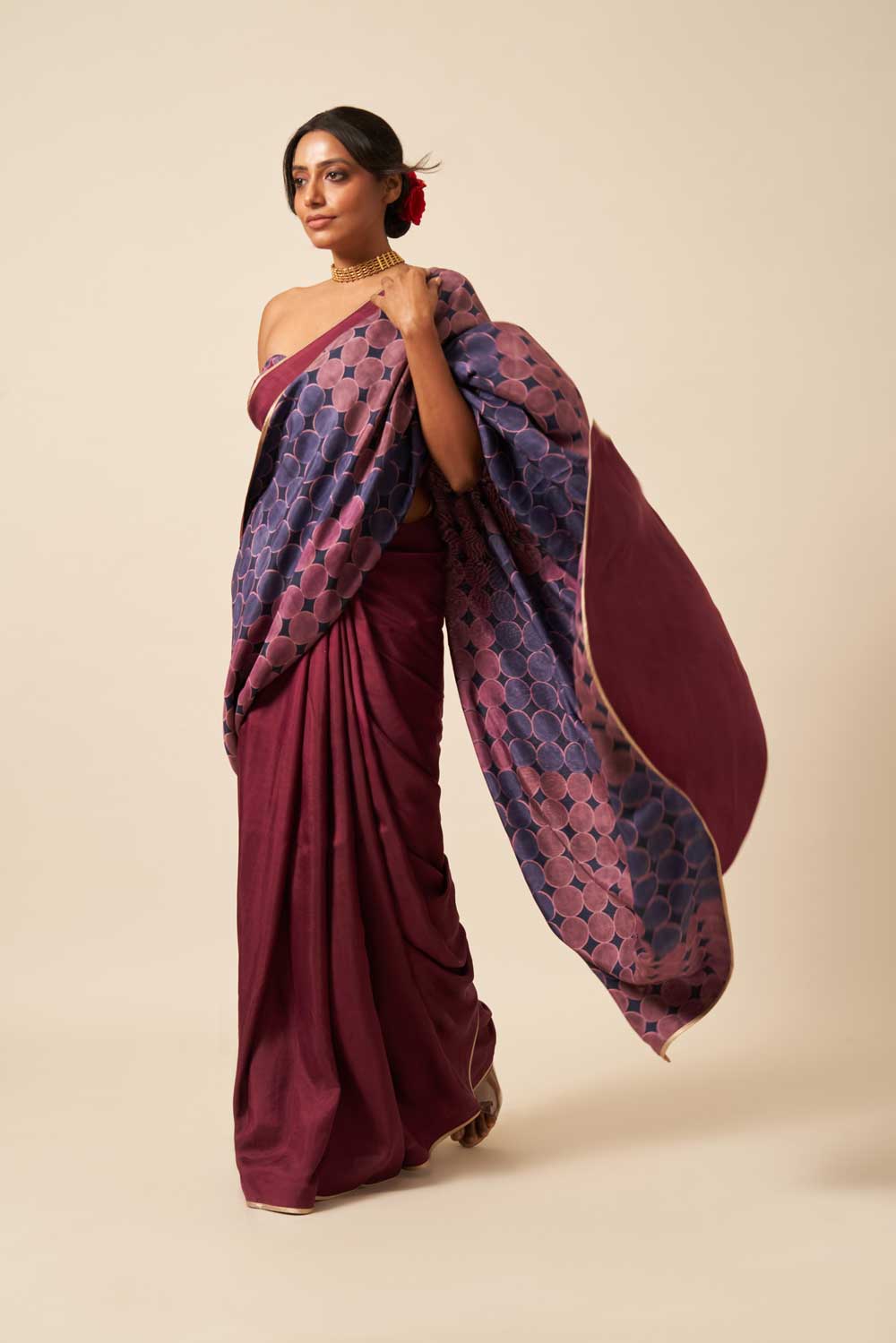 KARNAVATI Wine Blue Mulberry Silk Flip Pallu Saree