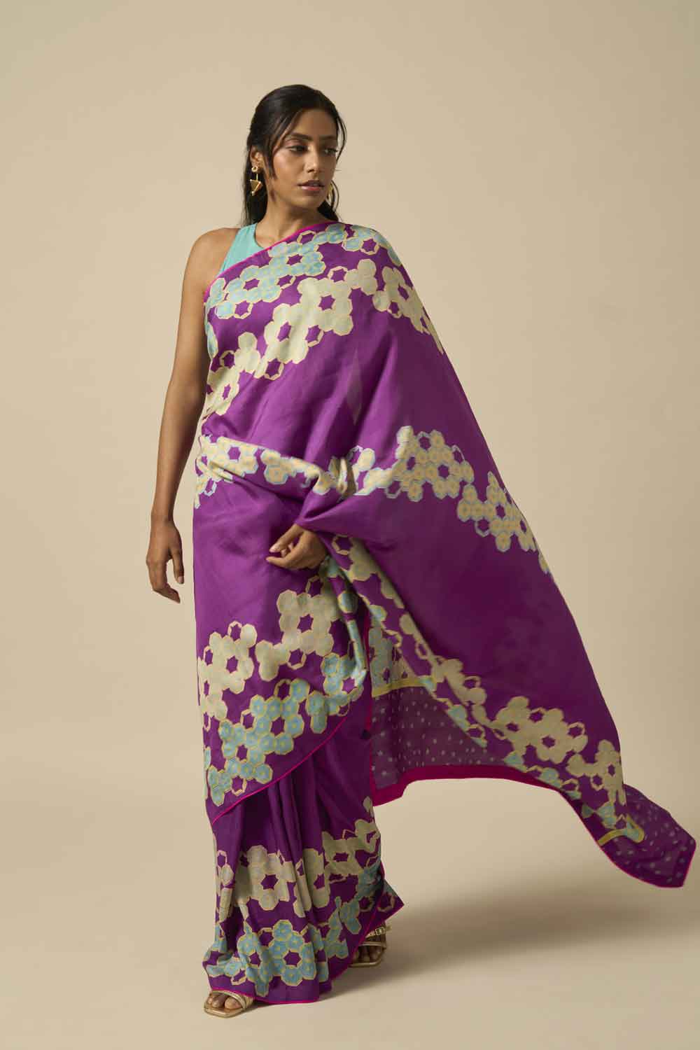 Violet Mulberry Silk Hand blockprinted saree