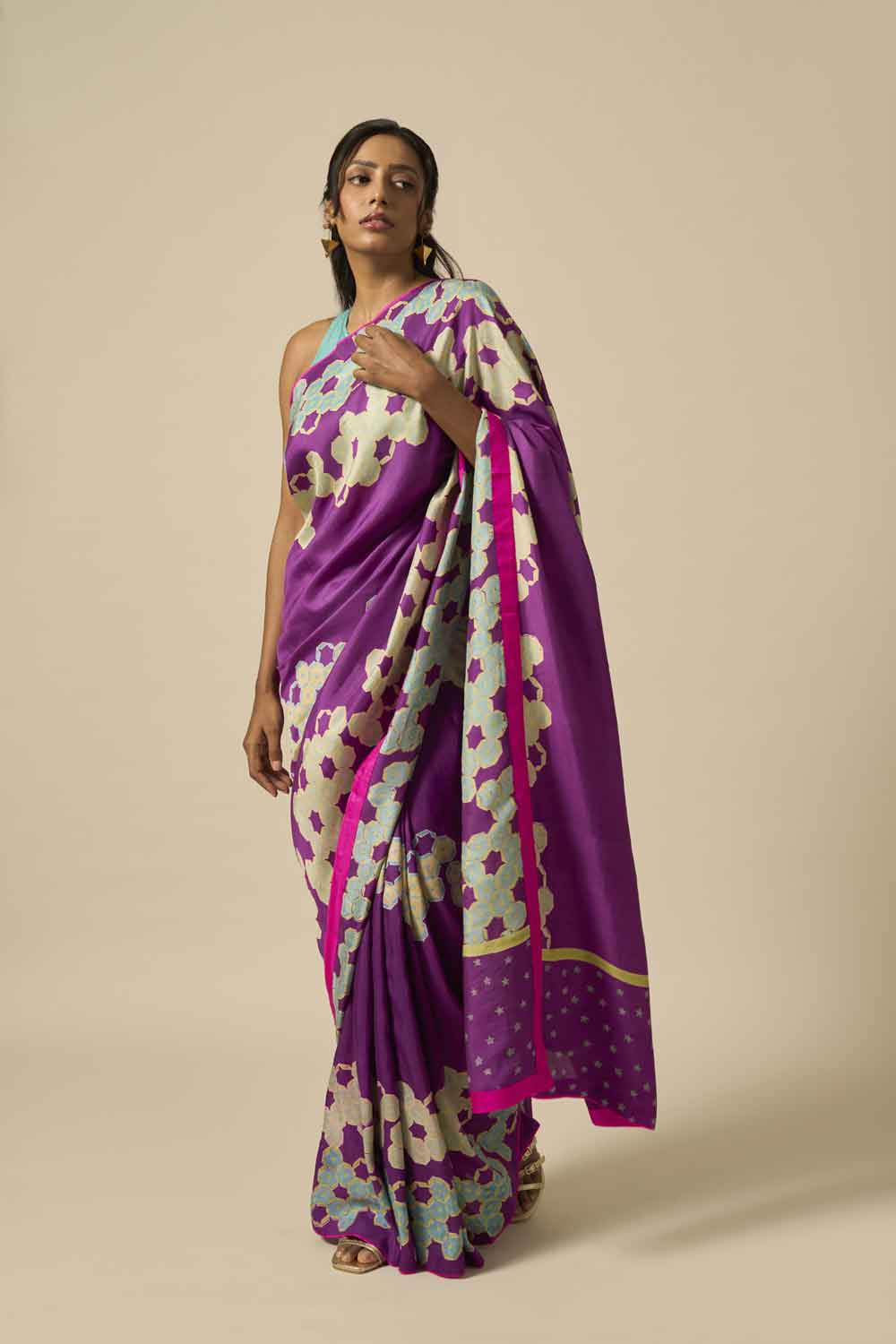 Violet Mulberry Silk Hand blockprinted saree