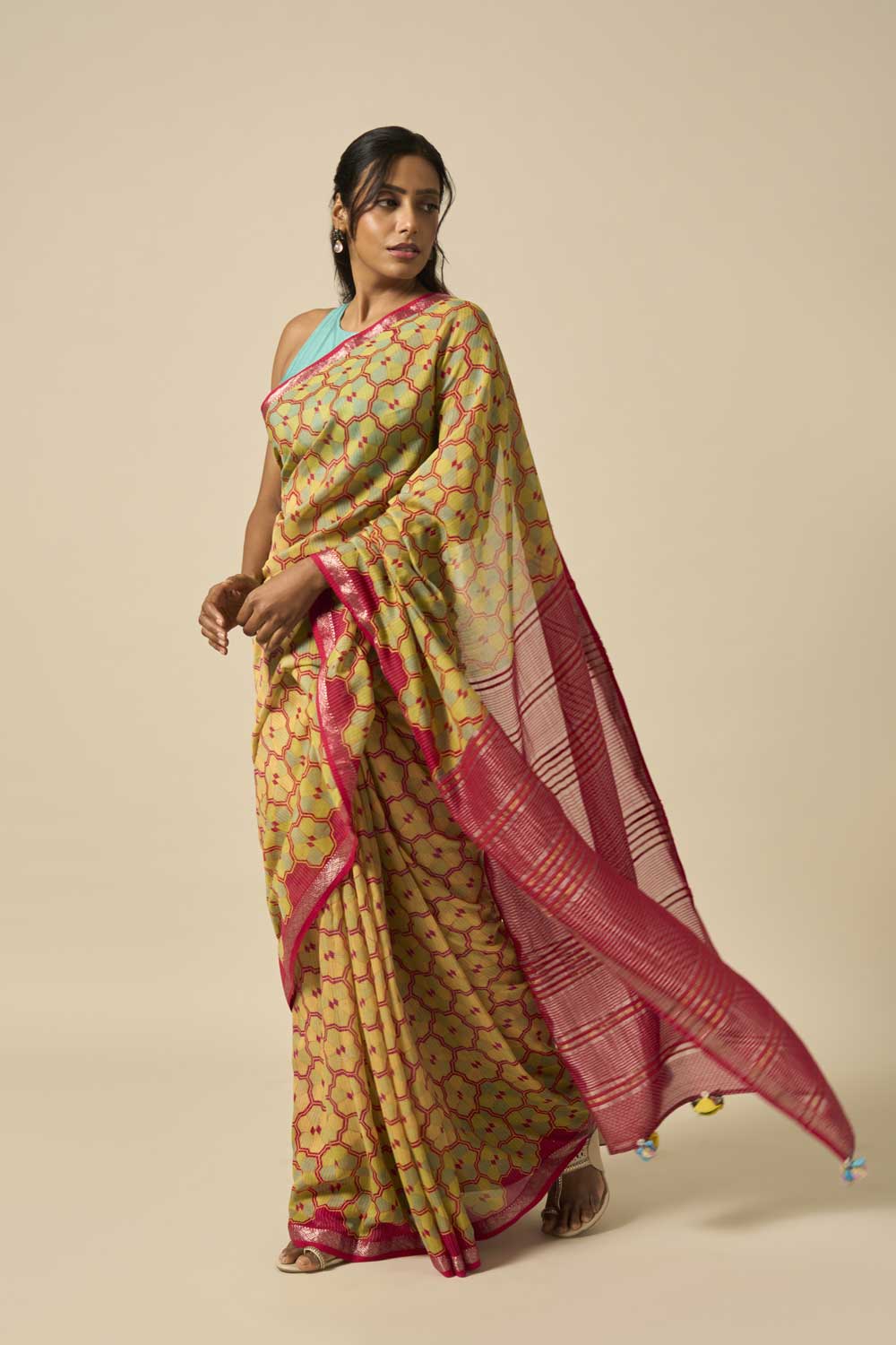 Vrinda RED Maheshwari Silk Hand Block Printed Saree