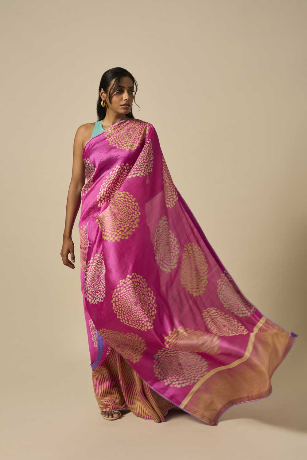 MRINAL PINK GREEN ROSE MUSHROO SILK HAND BLOCKPRINTED SAREE