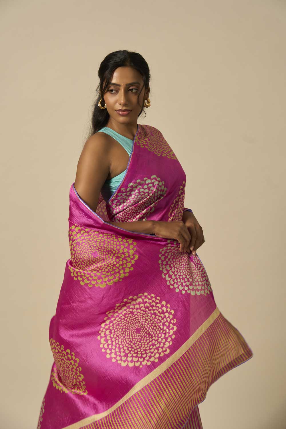 MRINAL PINK GREEN ROSE MUSHROO SILK HAND BLOCKPRINTED SAREE