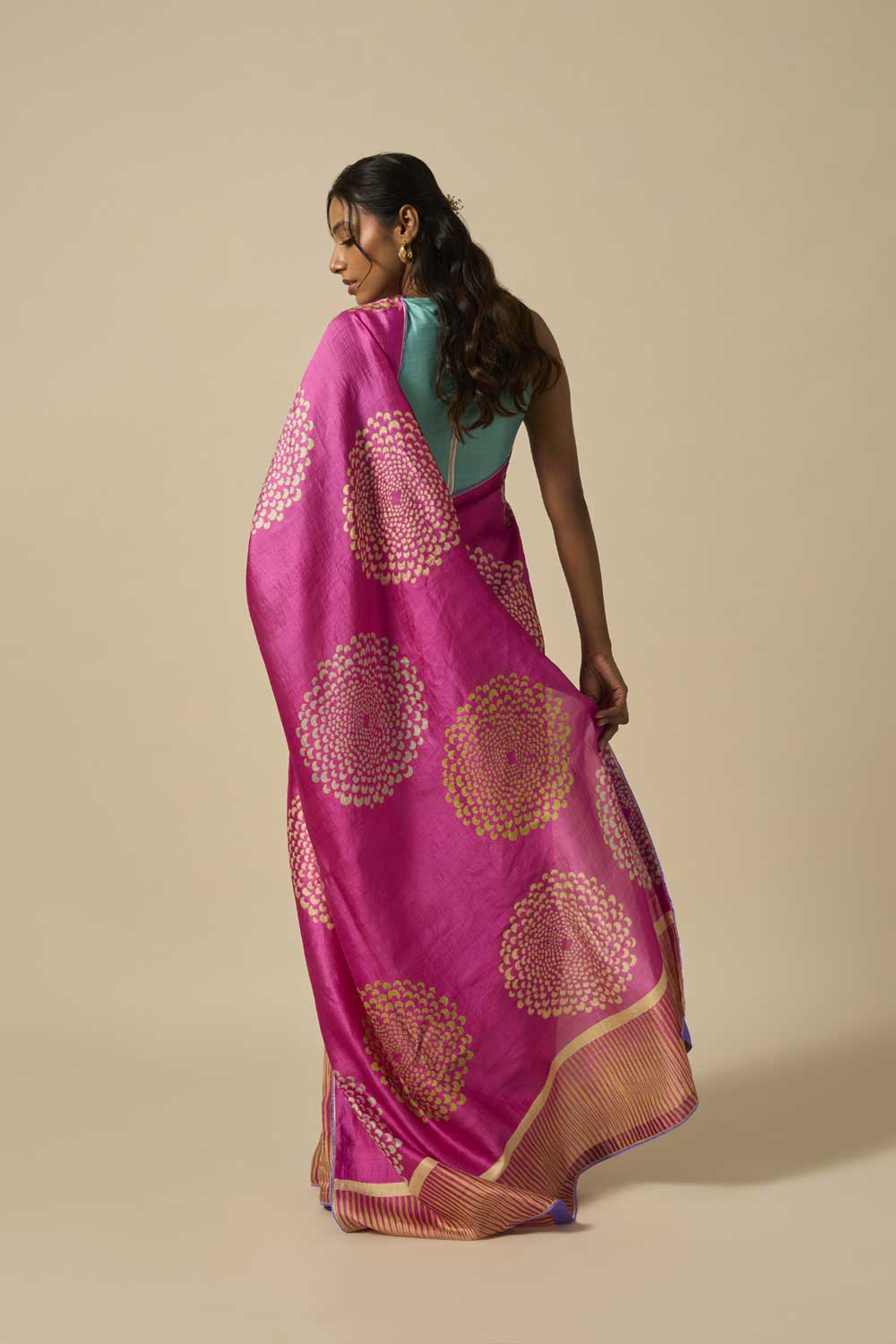 MRINAL PINK GREEN ROSE MUSHROO SILK HAND BLOCKPRINTED SAREE