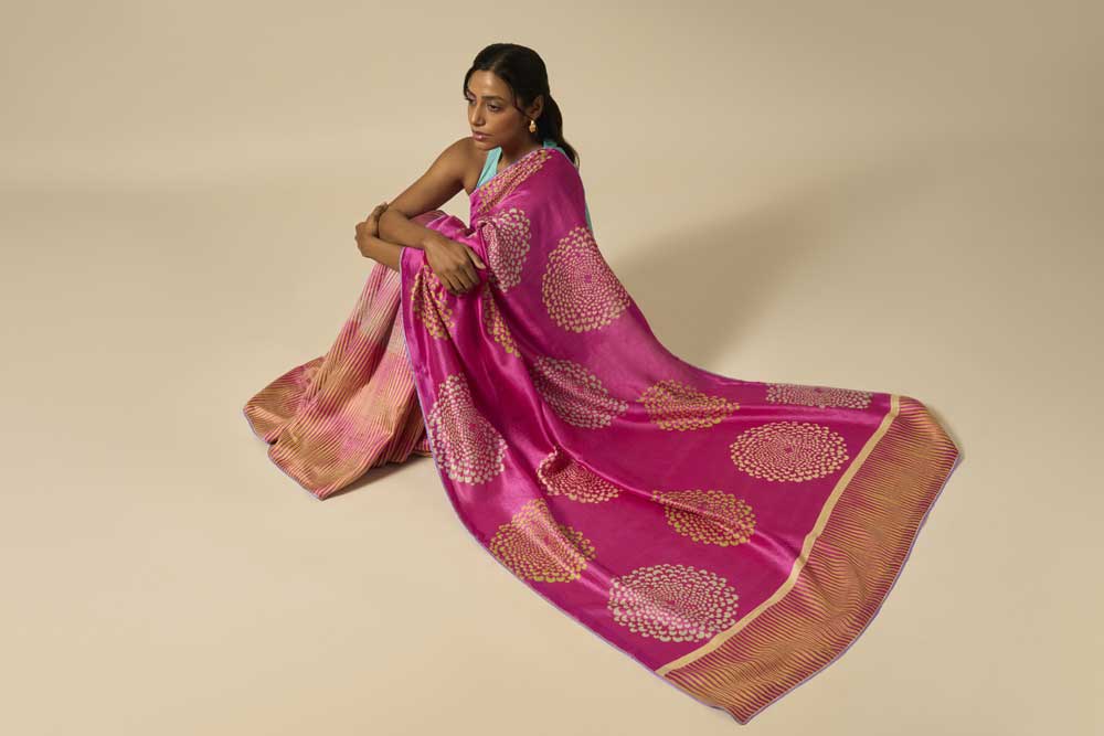 MRINAL PINK GREEN ROSE MUSHROO SILK HAND BLOCKPRINTED SAREE