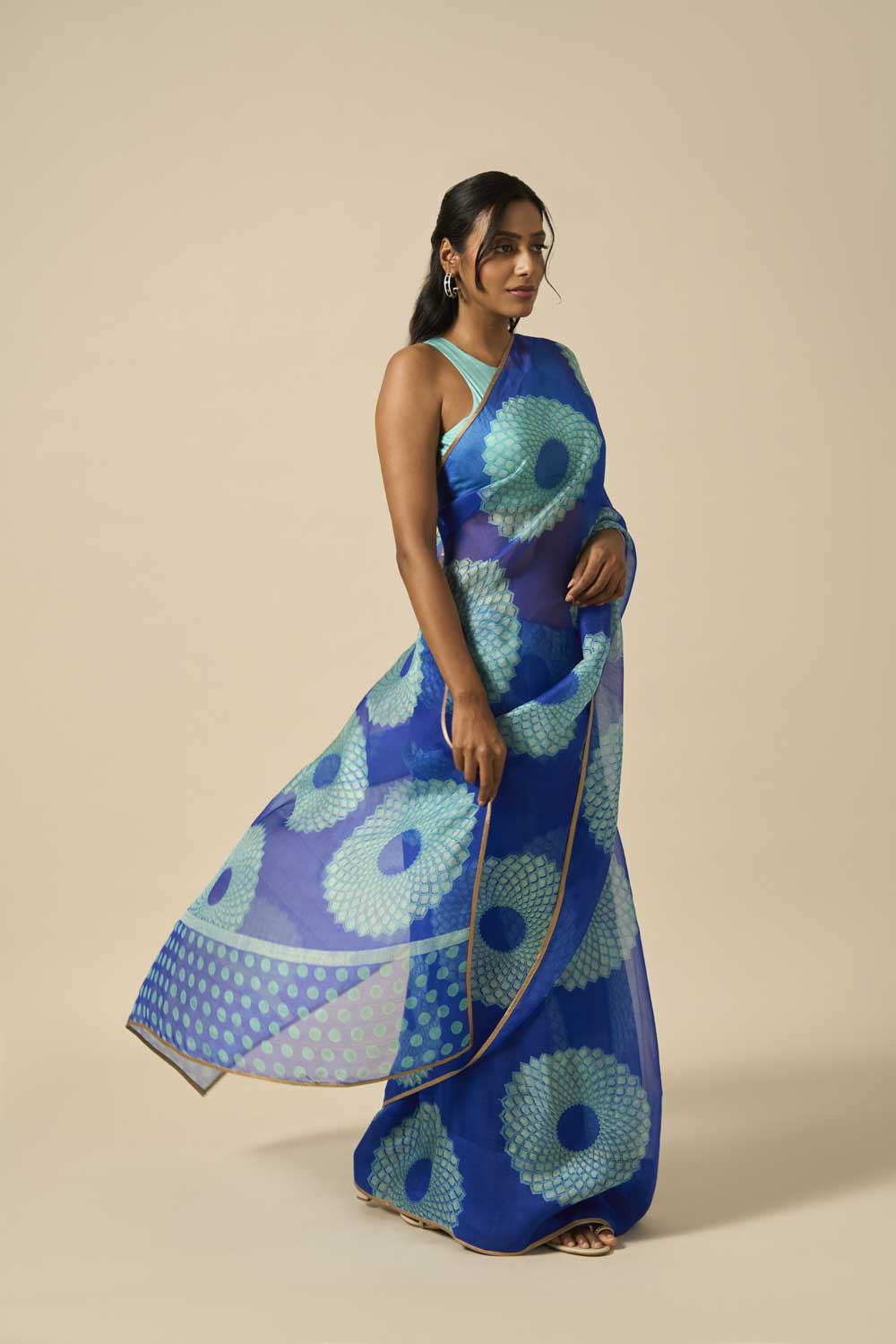 RAAG BLUE KATAAN SILK HAND BLOCKPRINTED SAREE