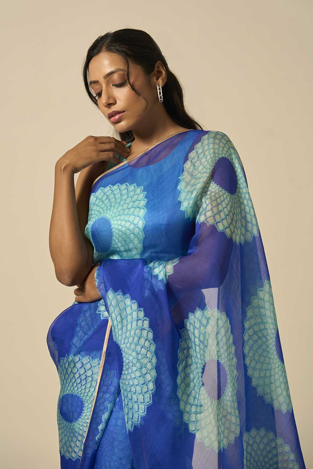 RAAG BLUE KATAAN SILK HAND BLOCKPRINTED SAREE