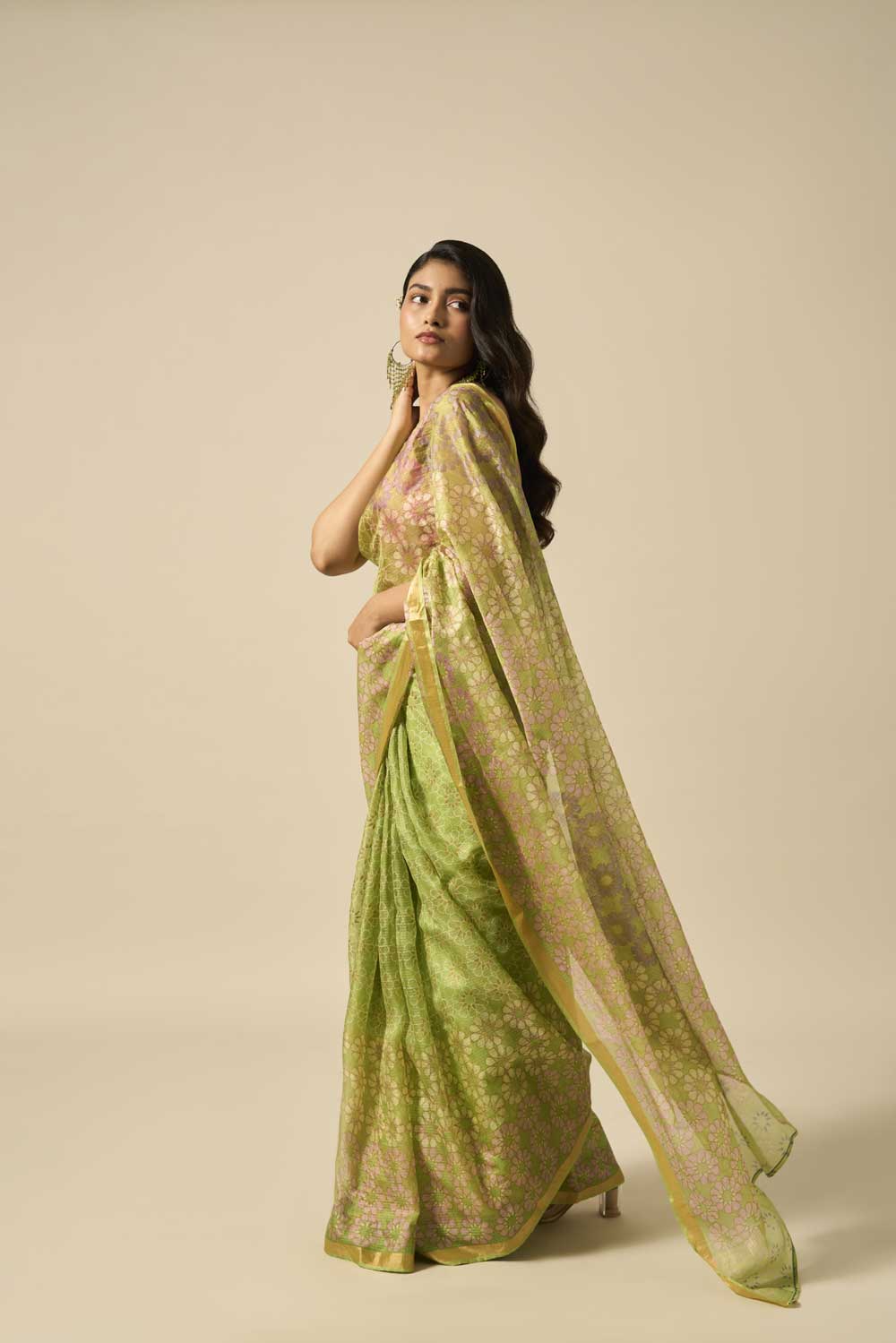 Juhi green kota silk hand block printed saree