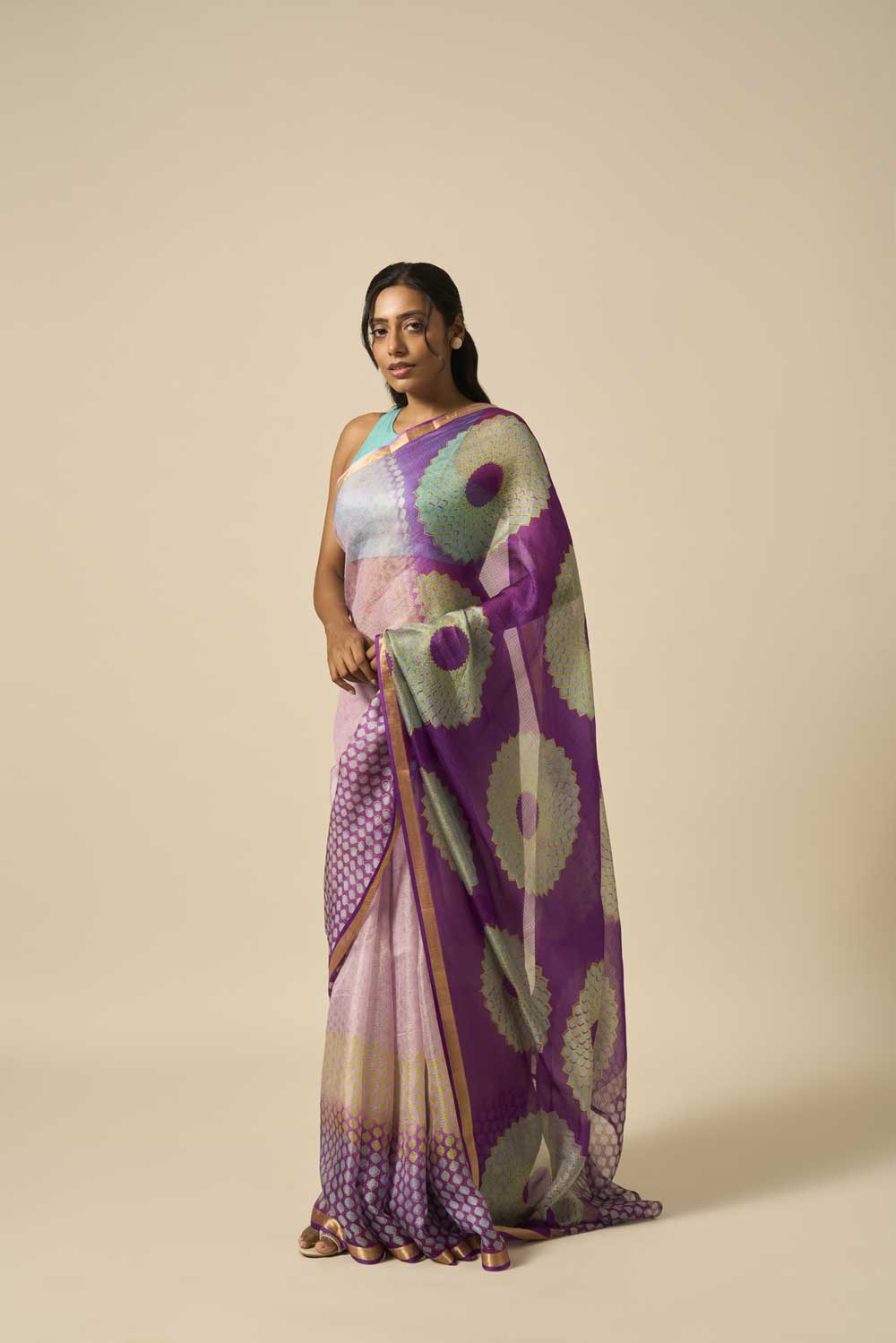 Sooraj Purple kota silk hand block printed saree