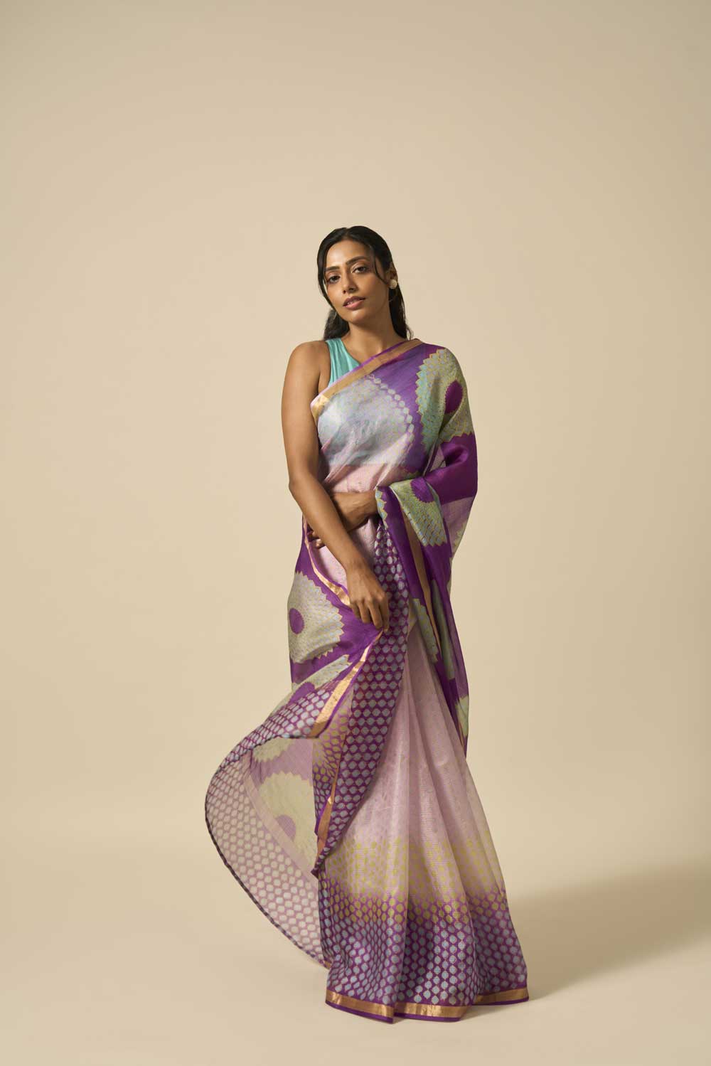 Sooraj Purple kota silk hand block printed saree