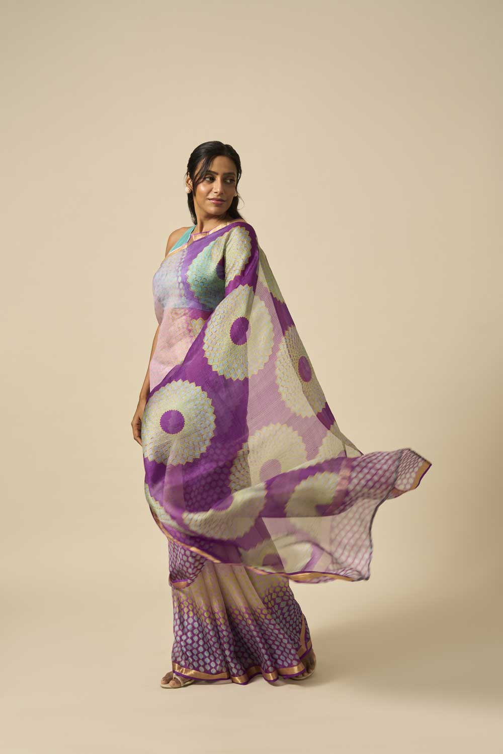 Sooraj Purple kota silk hand block printed saree