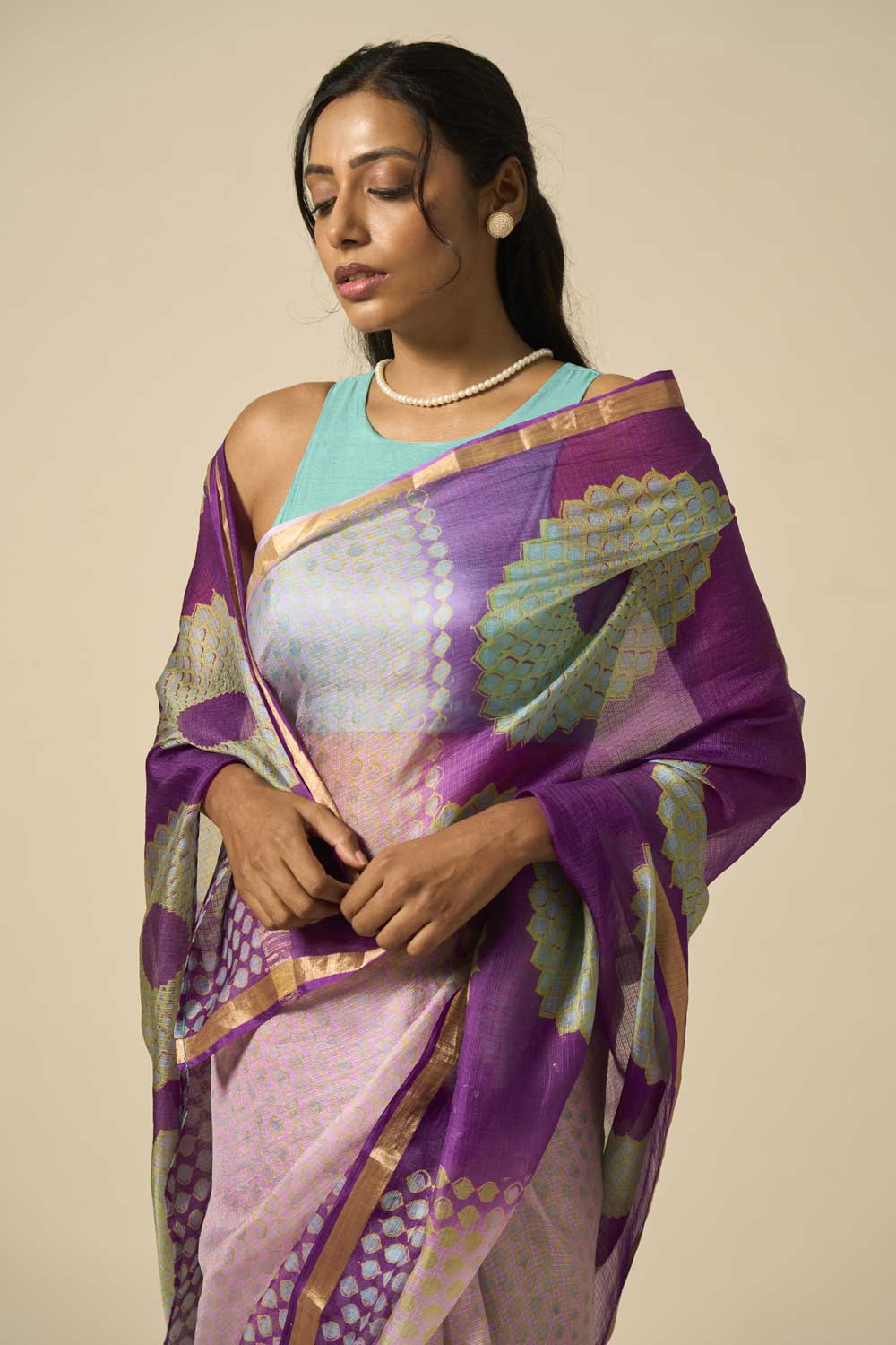 Sooraj Purple kota silk hand block printed saree